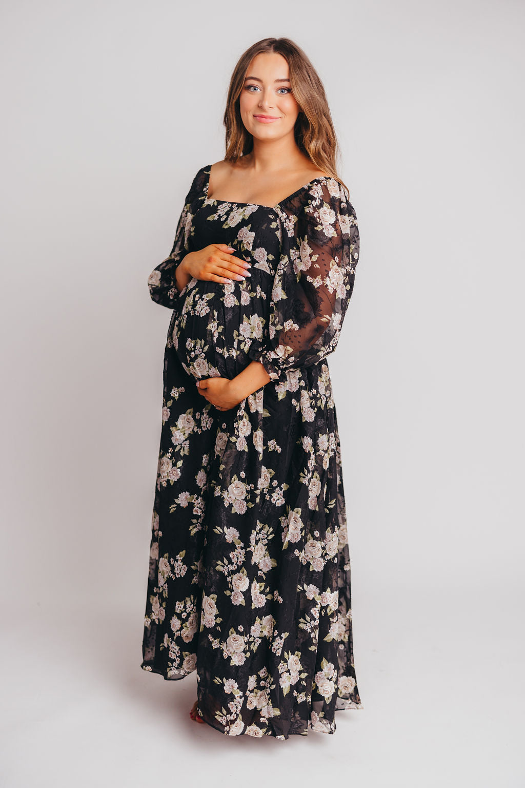 Mona Maxi Dress in Black/Beige Floral - Bump Friendly