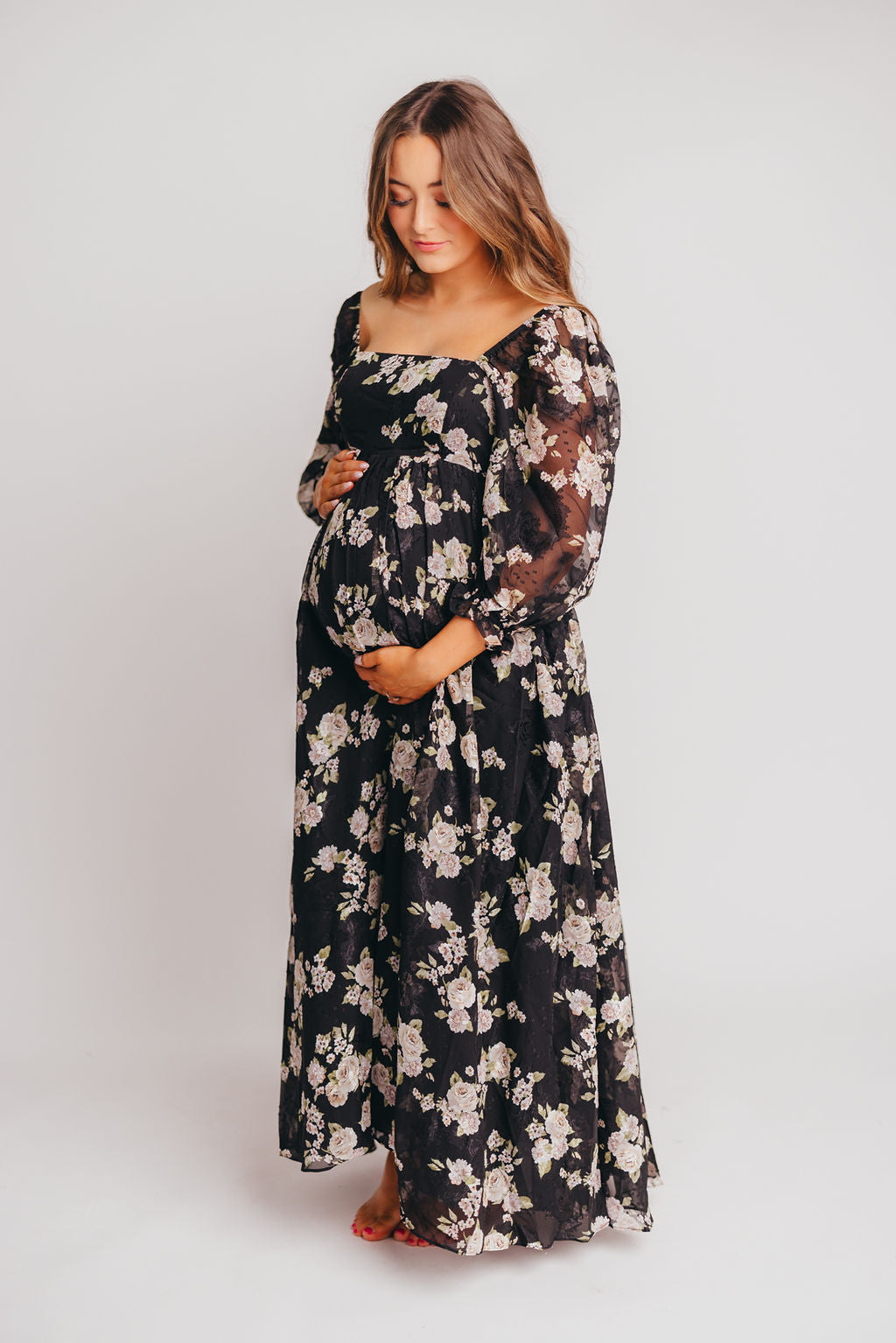 Mona Maxi Dress in Black/Beige Floral - Bump Friendly