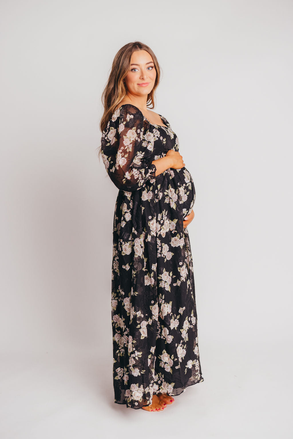 Mona Maxi Dress in Black/Beige Floral - Bump Friendly