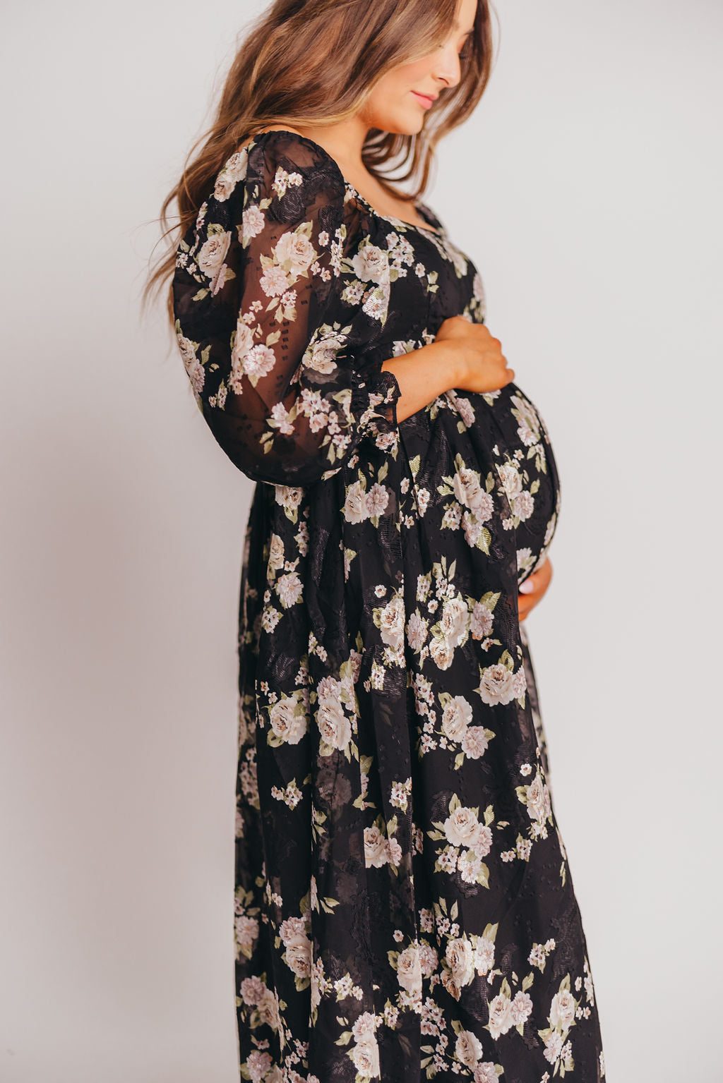 Mona Maxi Dress in Black/Beige Floral - Bump Friendly