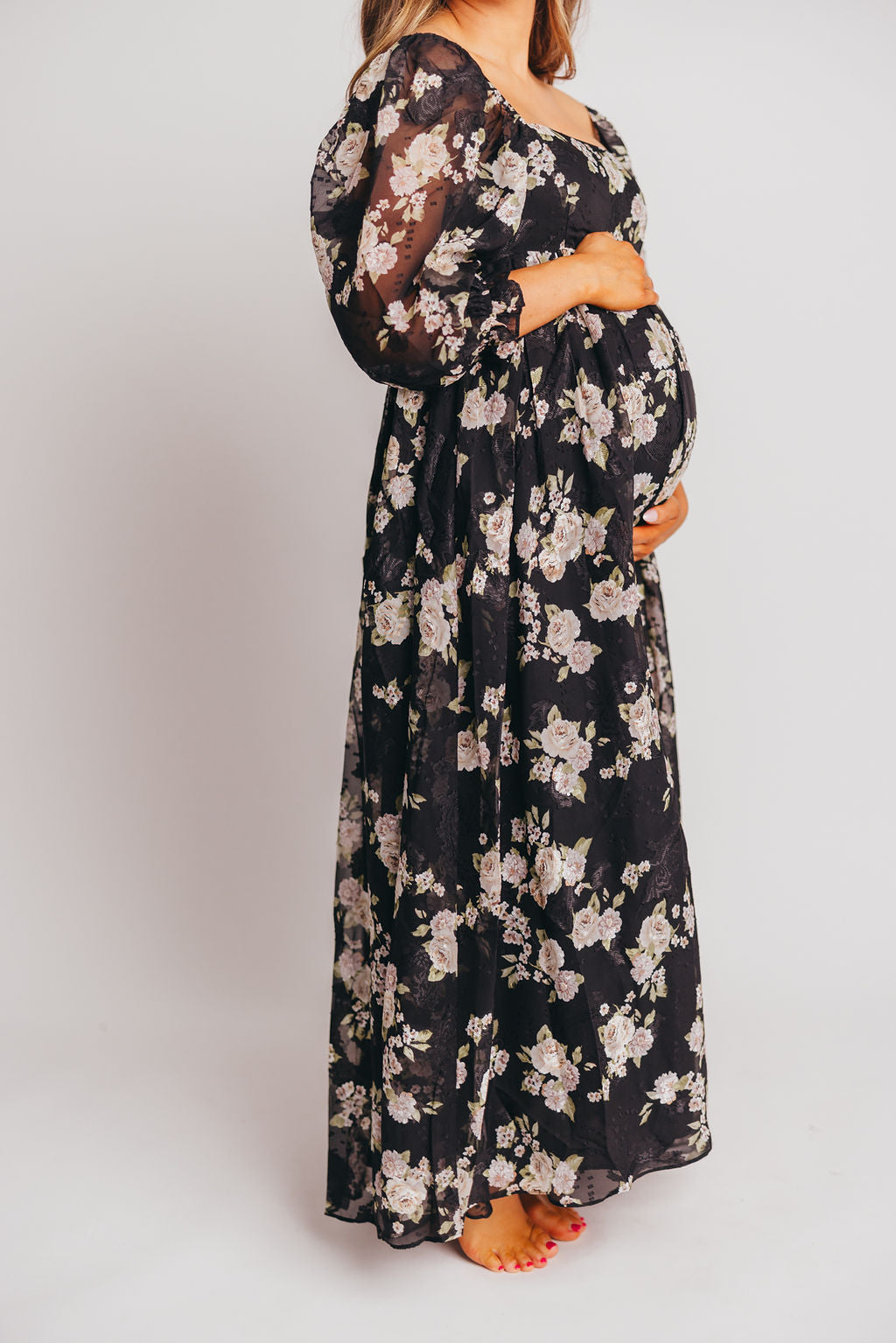 Mona Maxi Dress in Black/Beige Floral - Bump Friendly