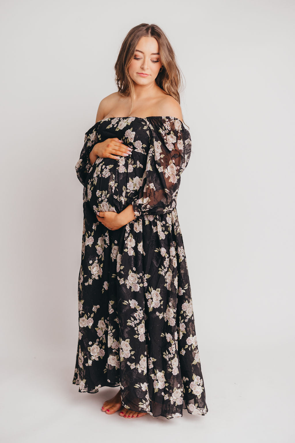 Mona Maxi Dress in Black/Beige Floral - Bump Friendly