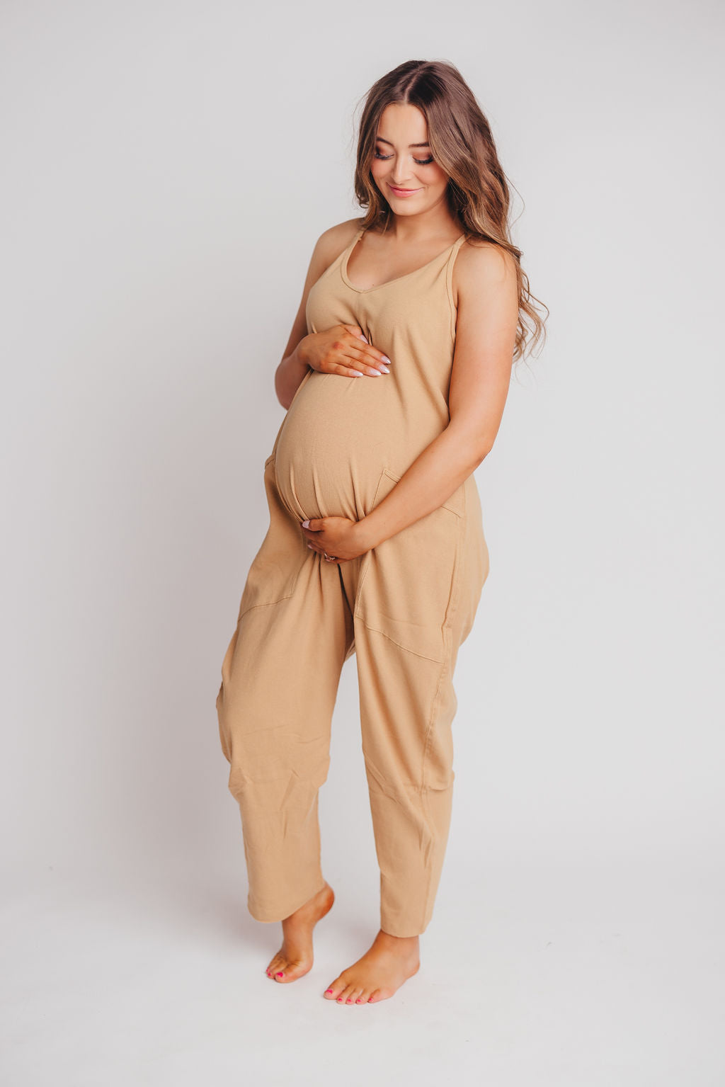 Hilary Ribbed Knit Jumpsuit with Pockets in Tan