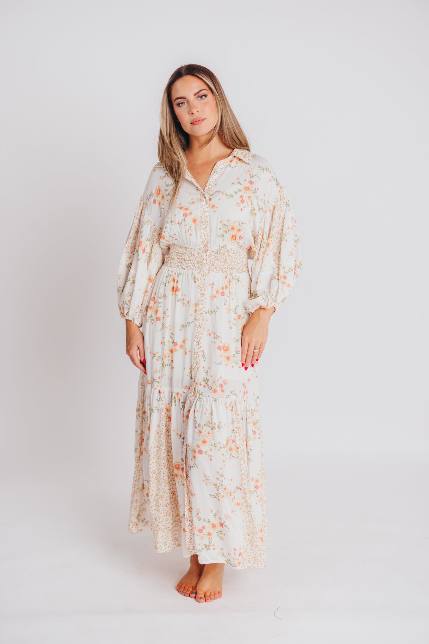 Madeline Button-Up Maxi Dress in Natural/Peach - Bump and Nursing Friendly