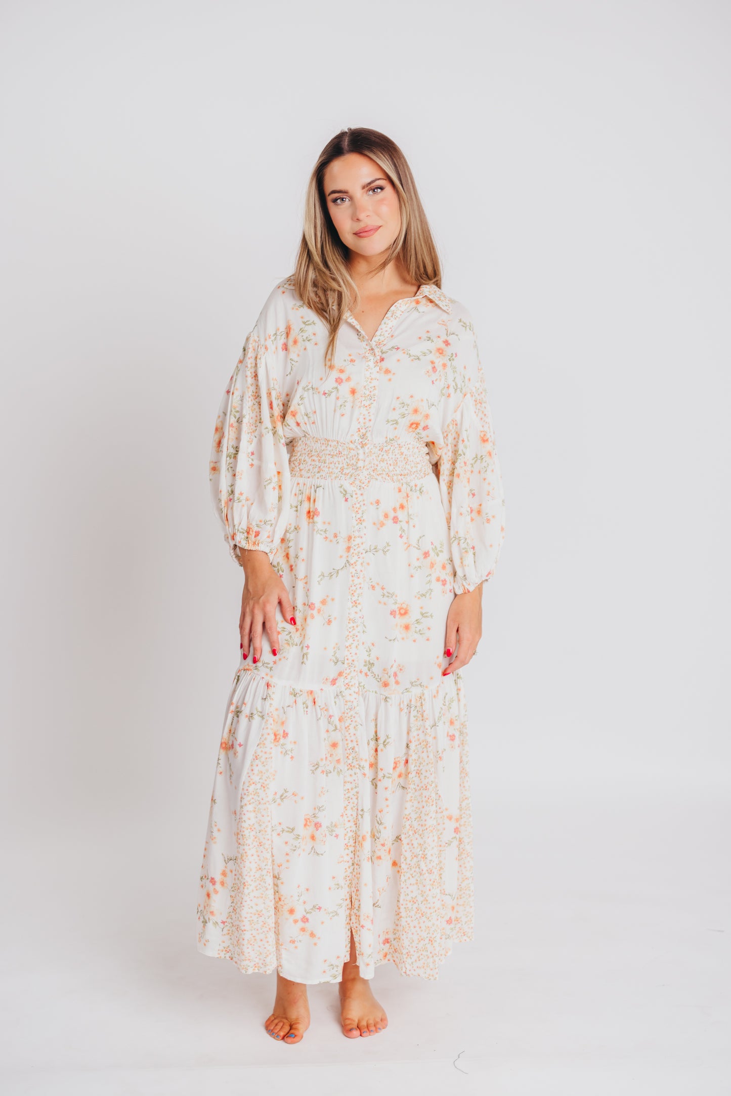 Madeline Button-Up Maxi Dress in Natural/Peach - Bump and Nursing Friendly