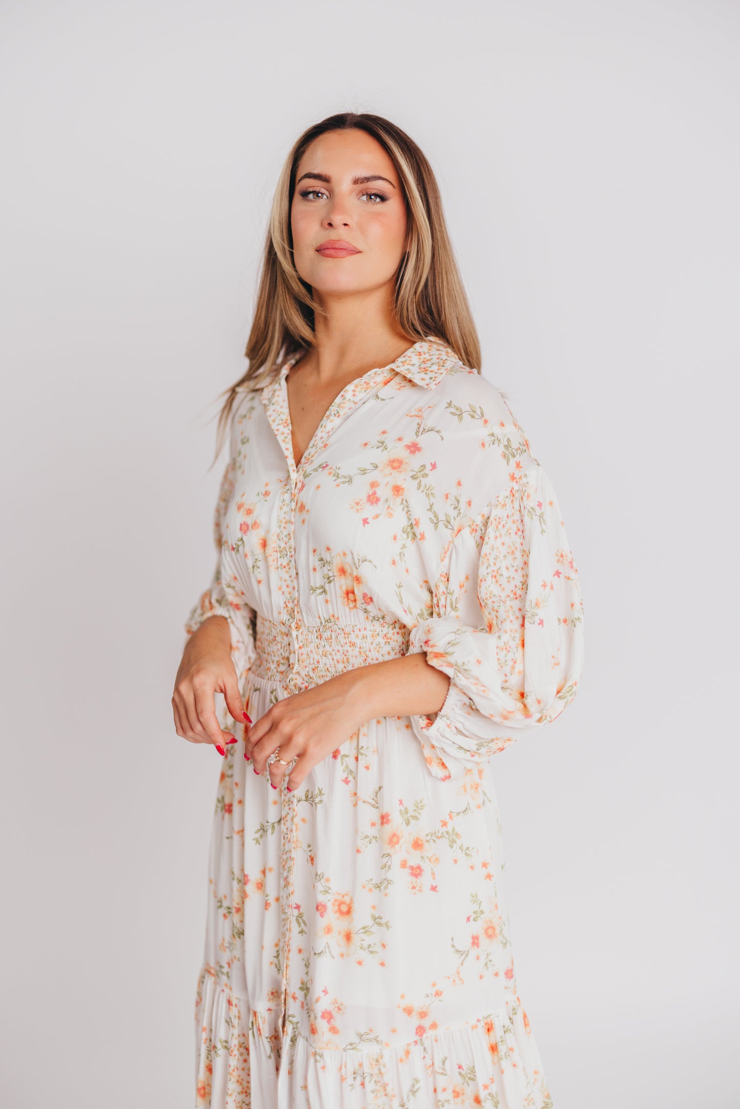 Madeline Button-Up Maxi Dress in Natural/Peach - Bump and Nursing Friendly