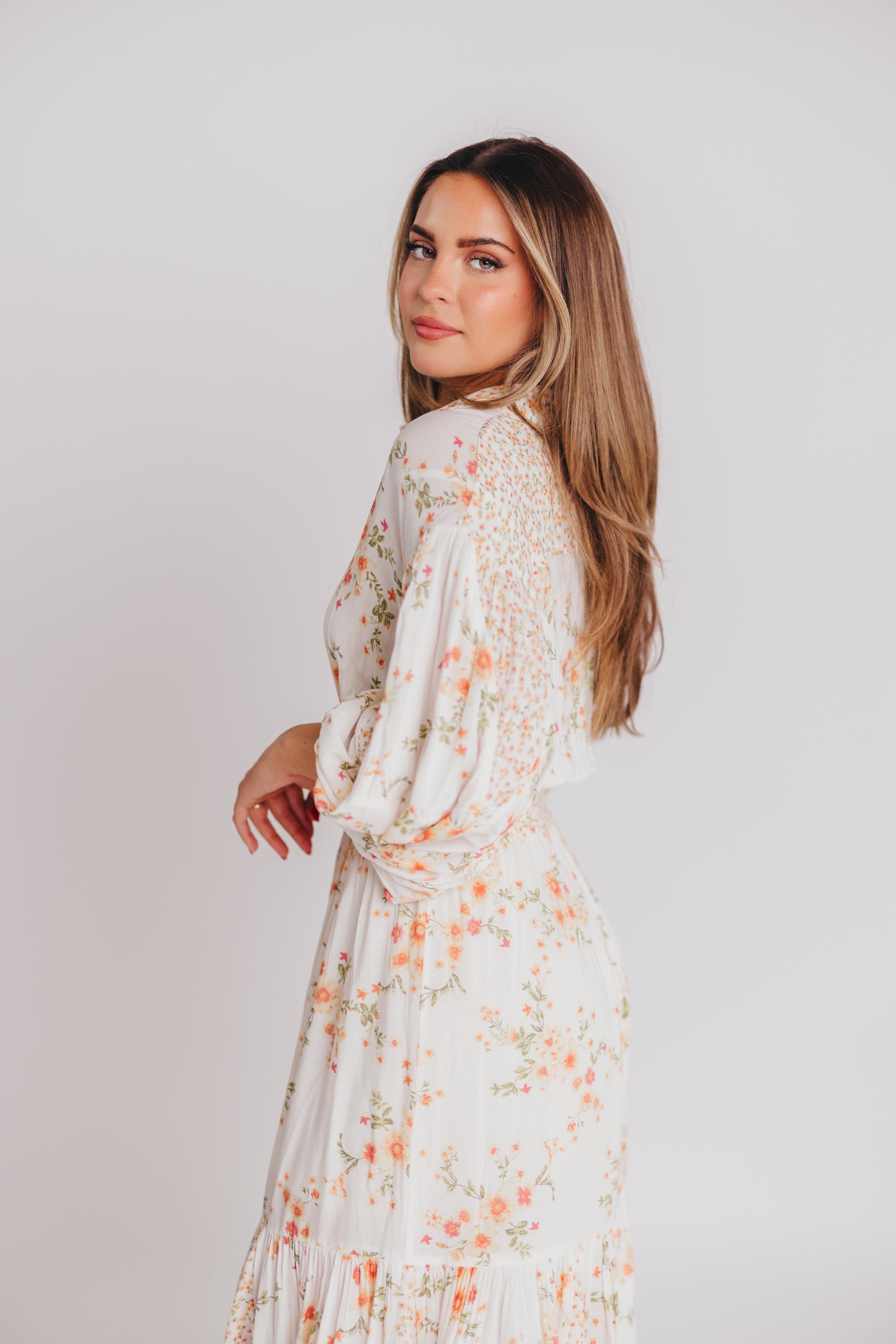 Madeline Button-Up Maxi Dress in Natural/Peach - Bump and Nursing Friendly