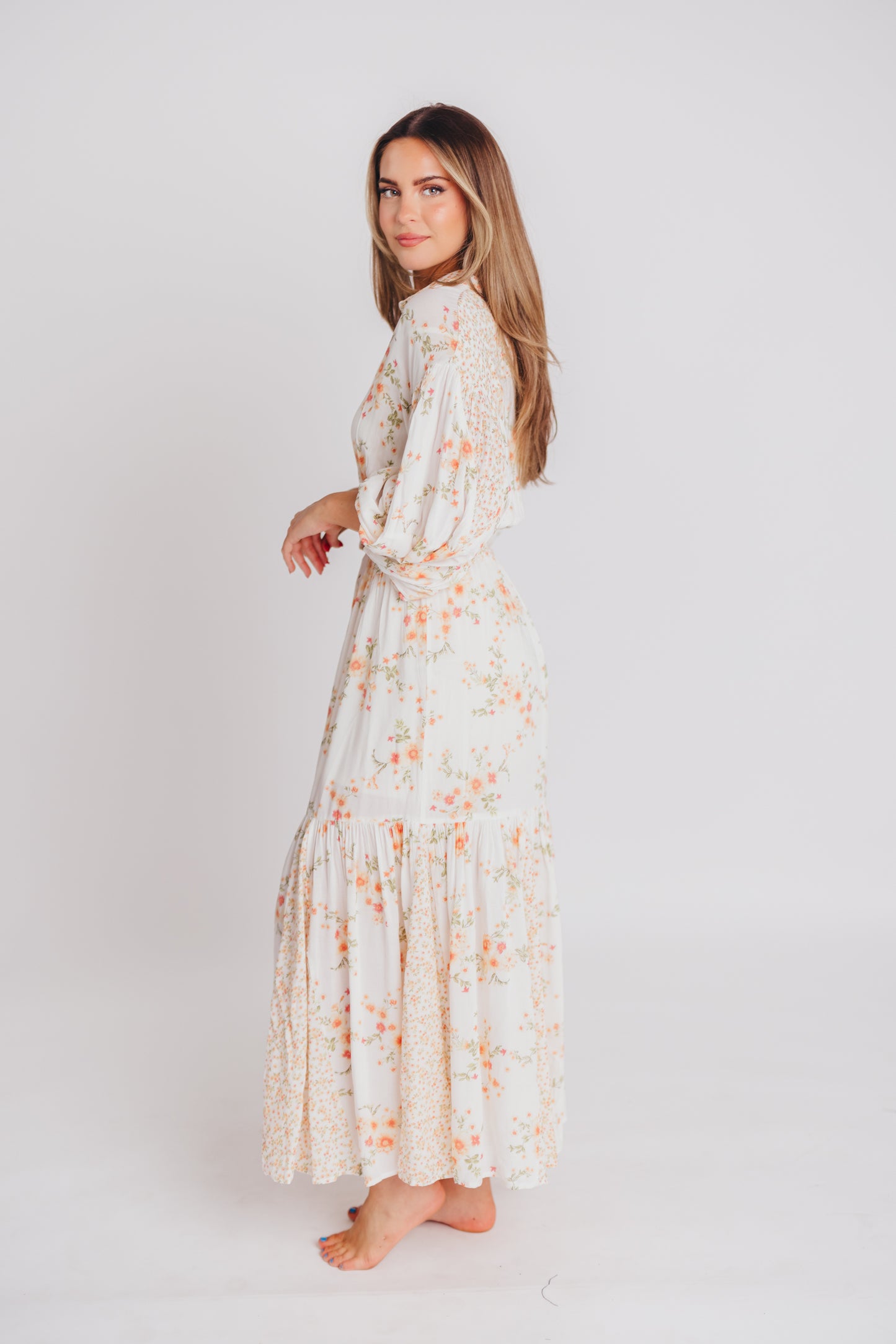 Madeline Button-Up Maxi Dress in Natural/Peach - Bump and Nursing Friendly