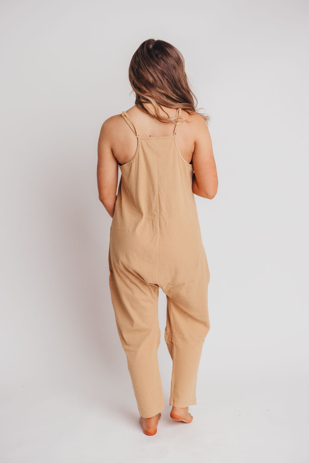 Hilary Ribbed Knit Jumpsuit with Pockets in Tan