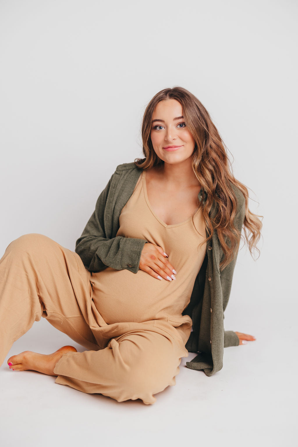 Hilary Ribbed Knit Jumpsuit with Pockets in Tan