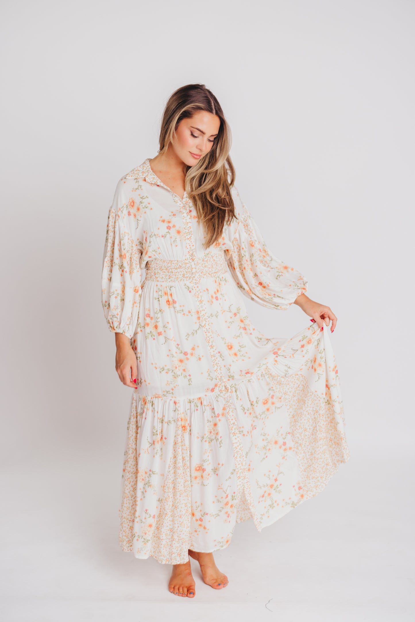 Madeline Button-Up Maxi Dress in Natural/Peach - Bump and Nursing Friendly