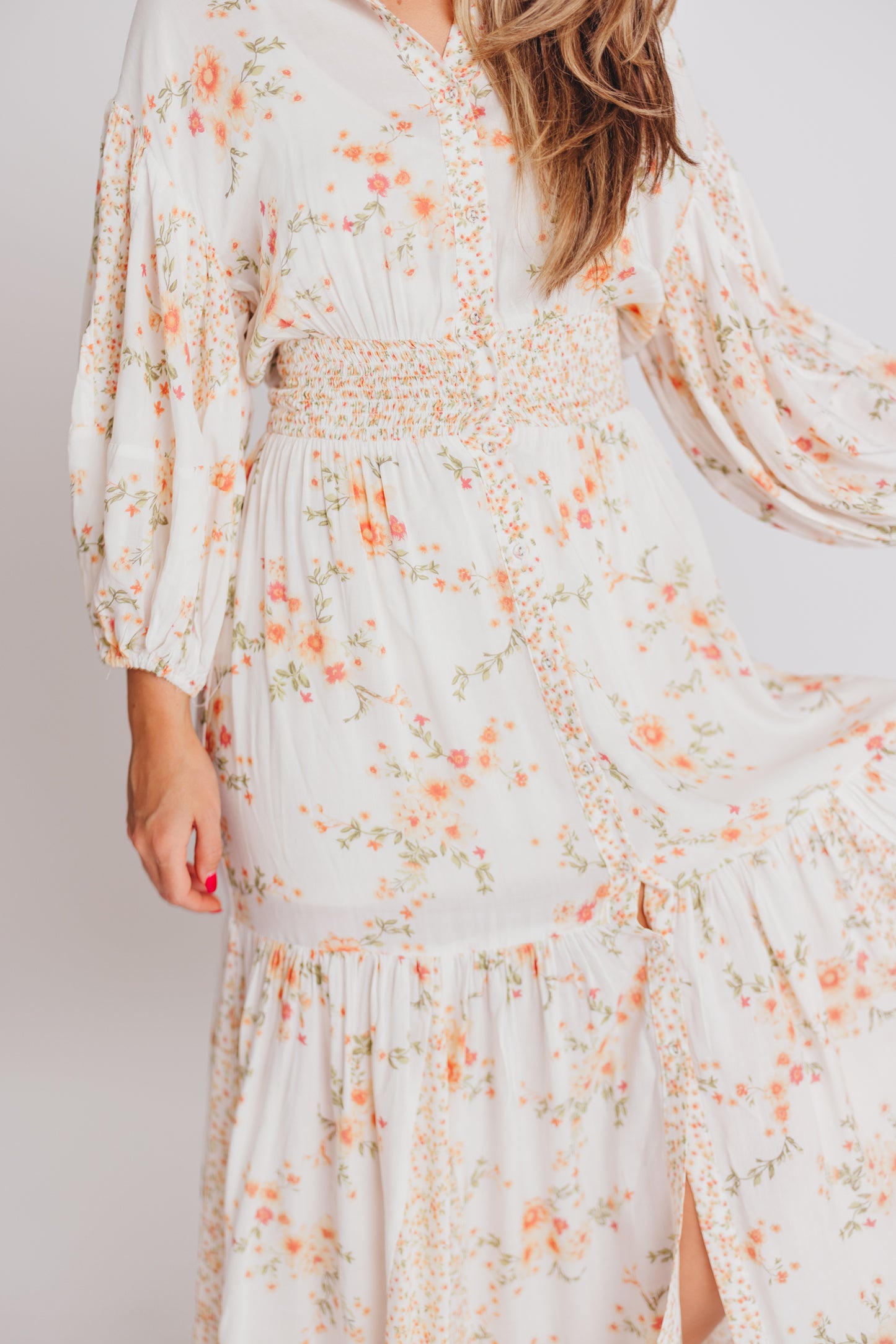Madeline Button-Up Maxi Dress in Natural/Peach - Bump and Nursing Friendly