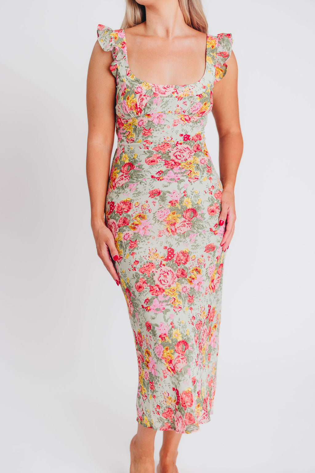 Pisa Floral Chiffon Dress with Ruffle Shoulder in Sage