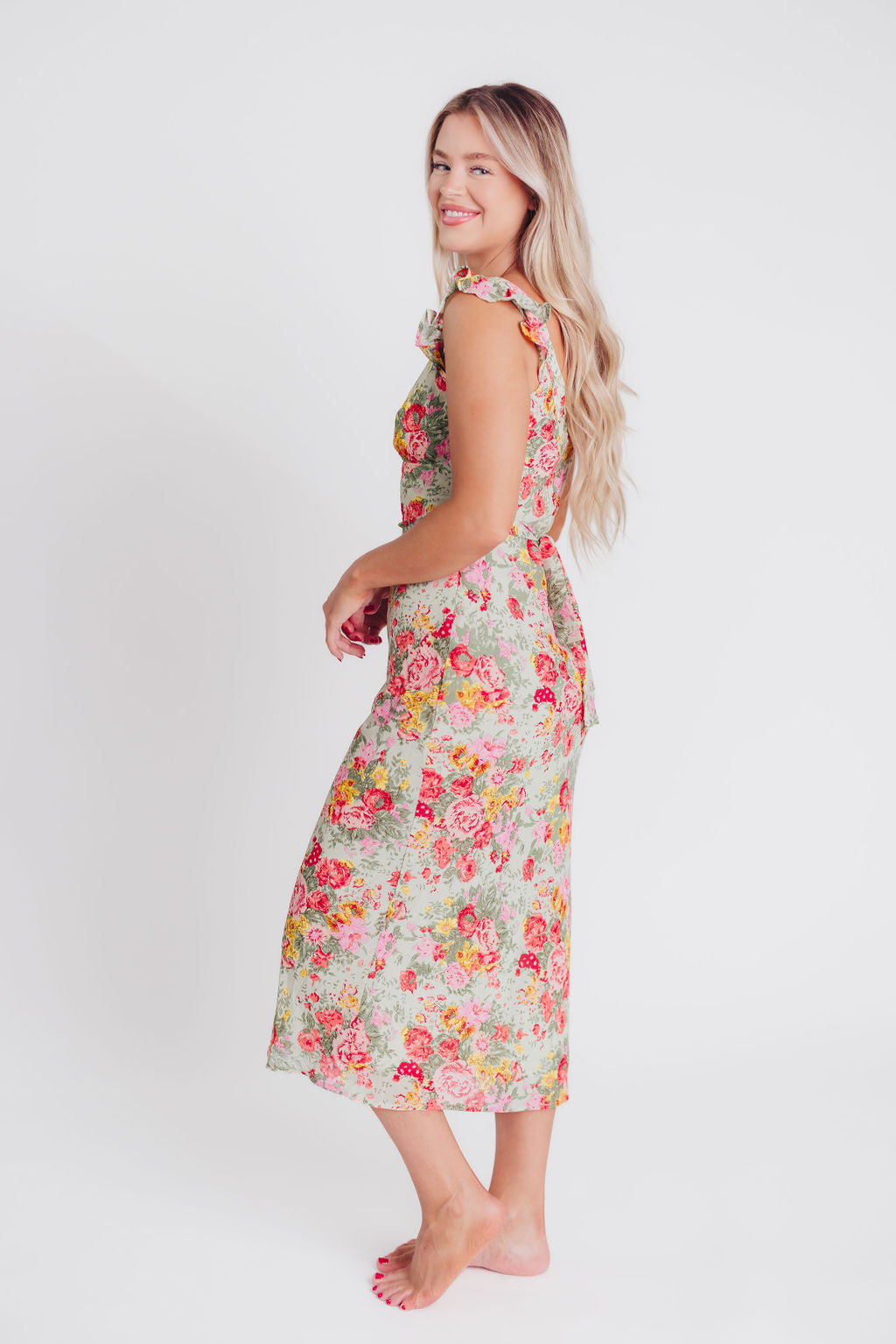 Pisa Floral Chiffon Dress with Ruffle Shoulder in Sage