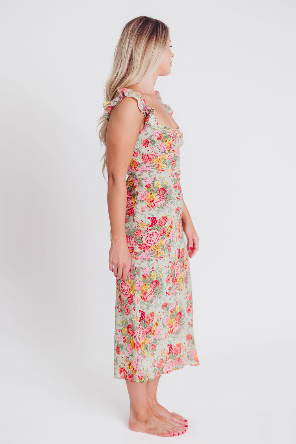 Pisa Floral Chiffon Dress with Ruffle Shoulder in Sage