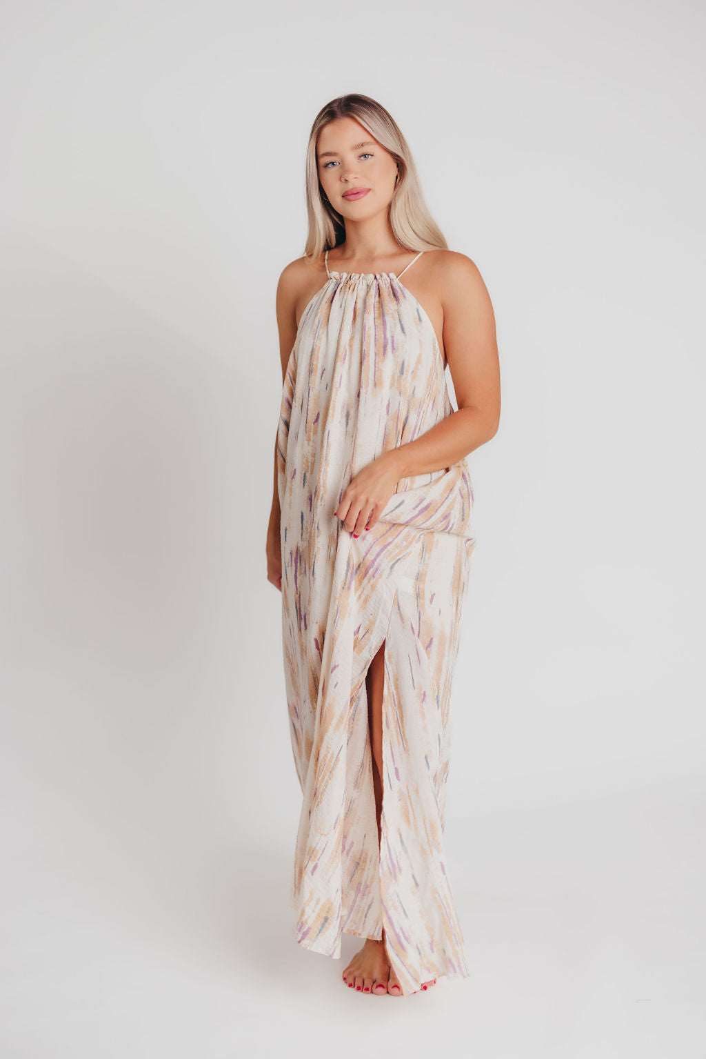 Nicola High Neck Lace-Up Back Maxi Dress in Blush/Natural