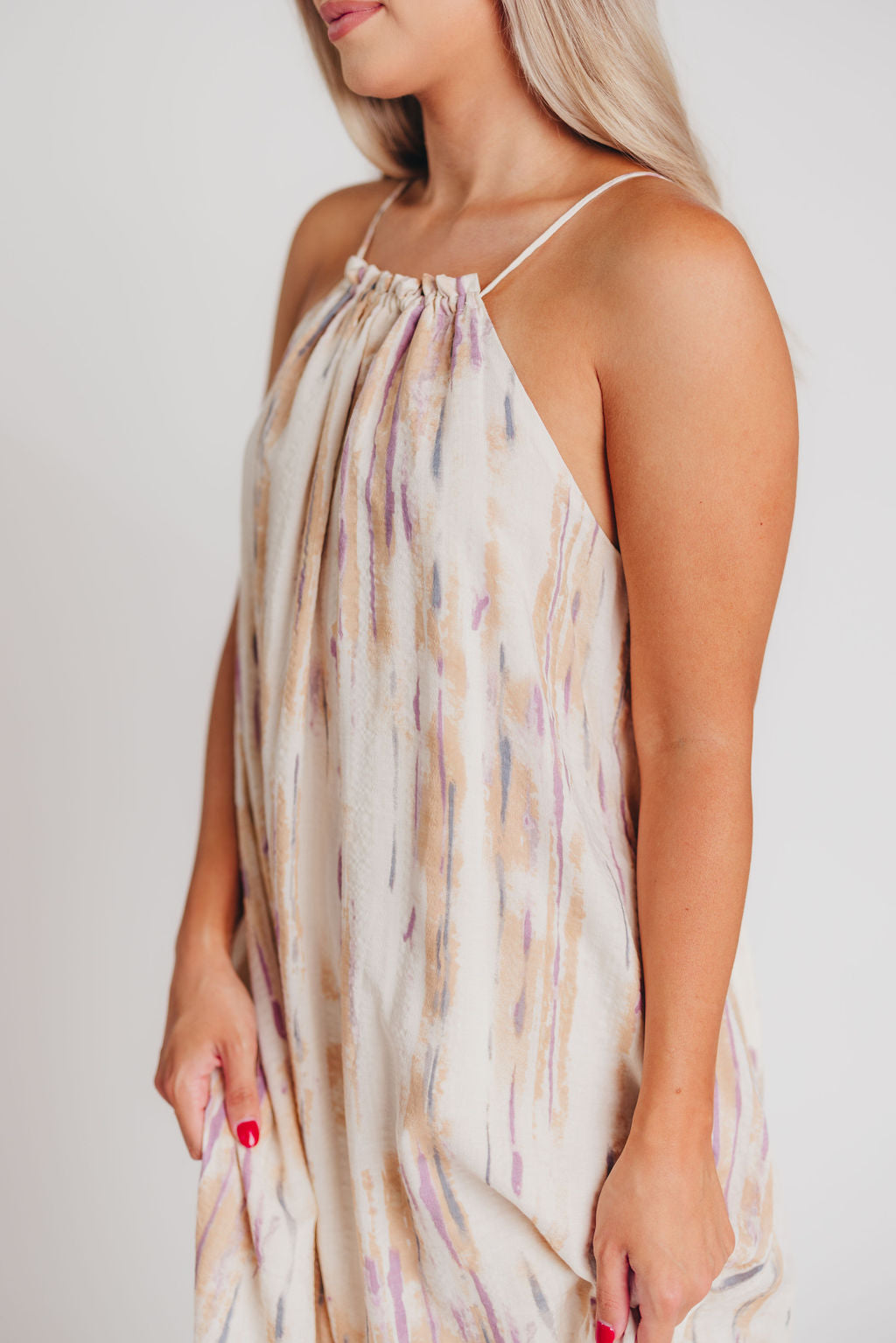 Nicola High Neck Lace-Up Back Maxi Dress in Blush/Natural