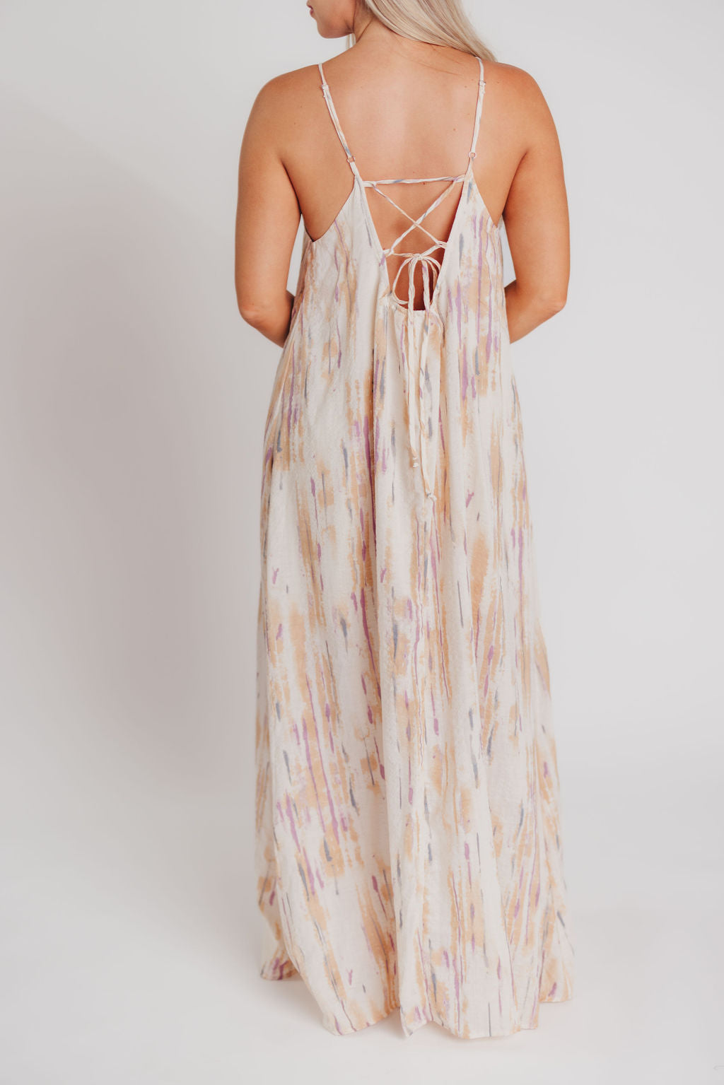 Nicola High Neck Lace-Up Back Maxi Dress in Blush/Natural
