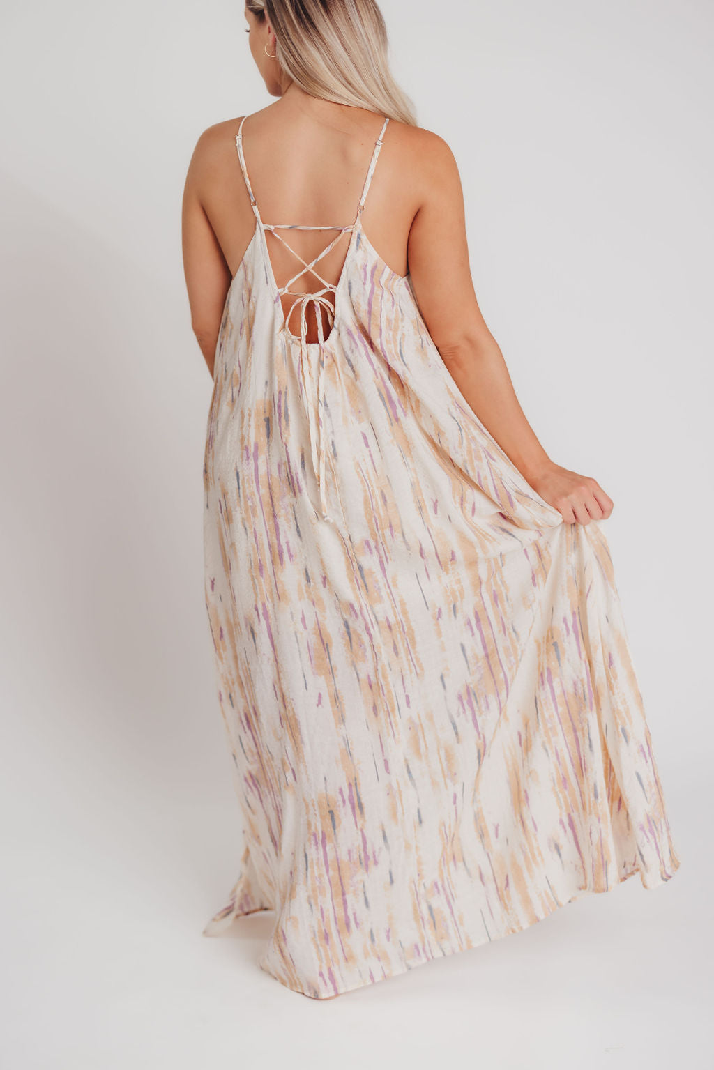Nicola High Neck Lace-Up Back Maxi Dress in Blush/Natural