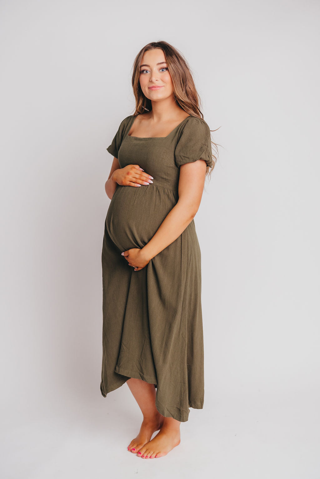 Ainsley Square Neck Midi Dress with Puffed Sleeves in Hunter Green - Bump Friendly (See Color Info)