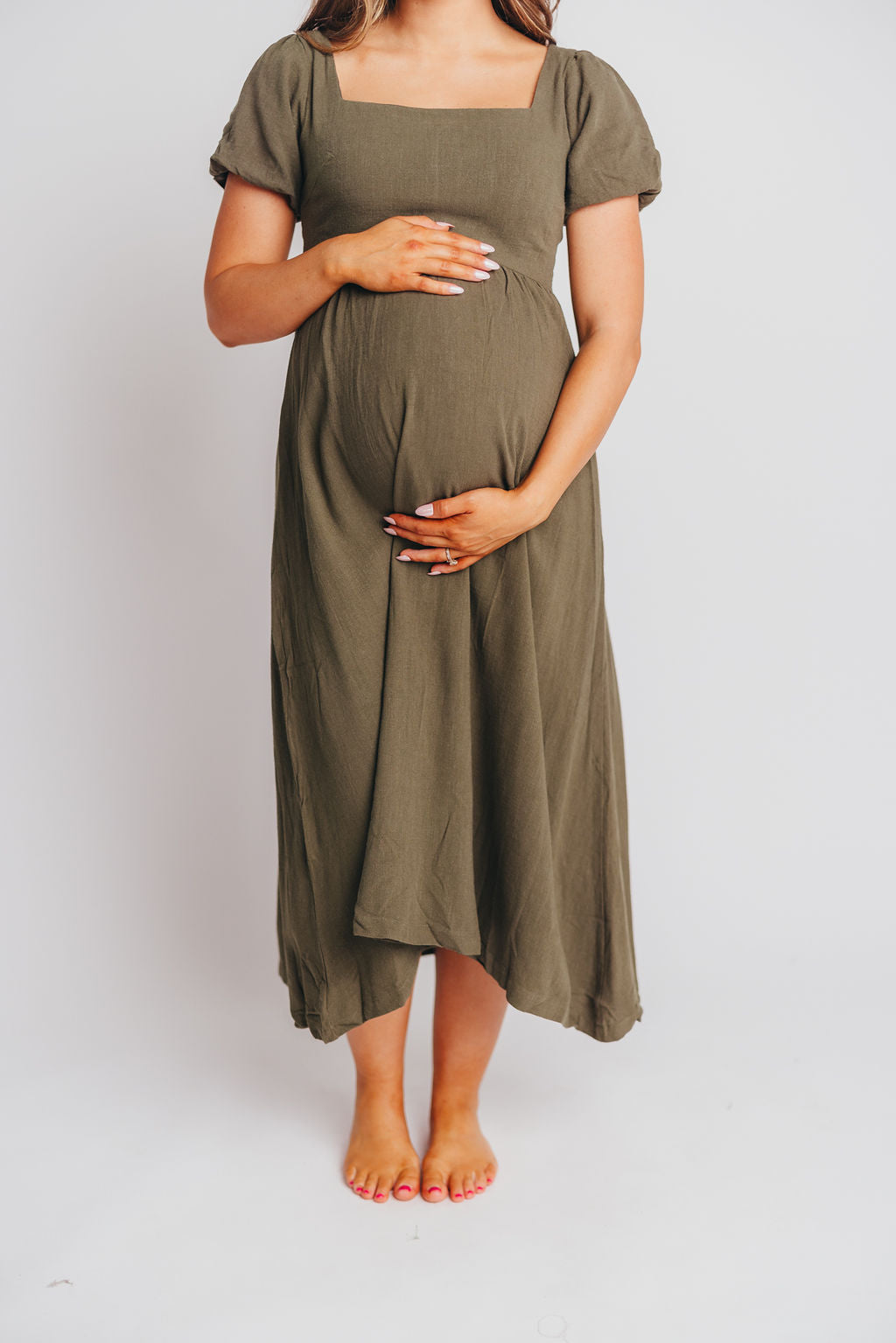 Ainsley Square Neck Midi Dress with Puffed Sleeves in Hunter Green - Bump Friendly (See Color Info)
