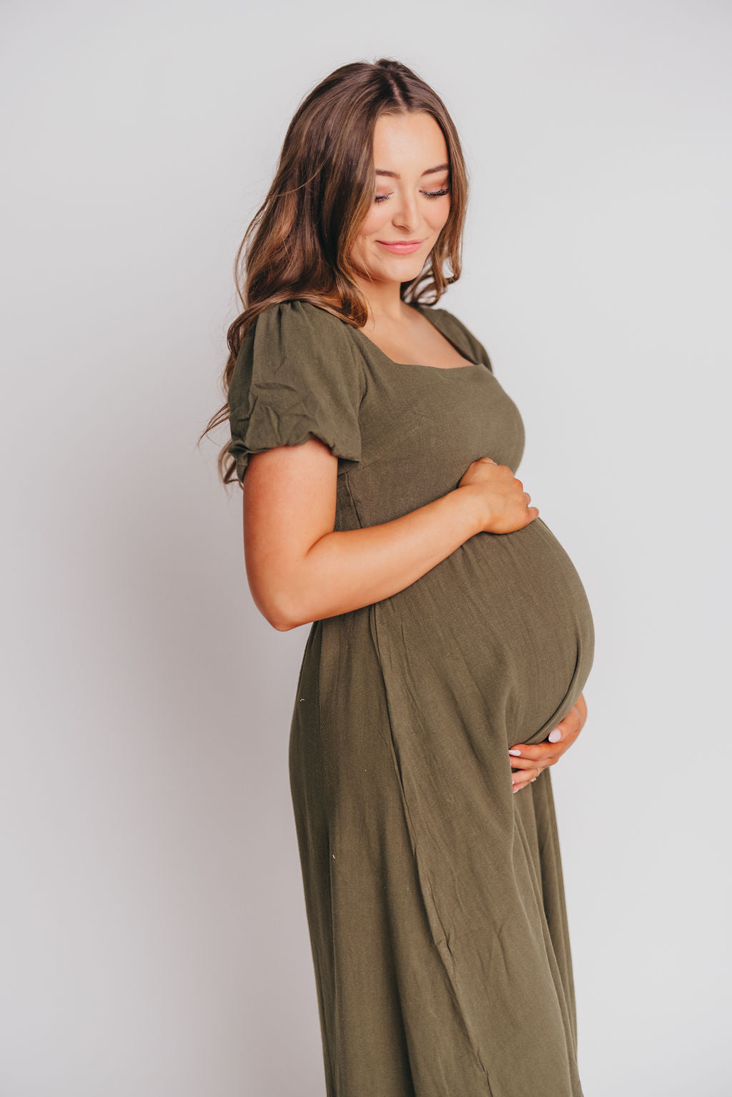 Ainsley Square Neck Midi Dress with Puffed Sleeves in Hunter Green - Bump Friendly (See Color Info)