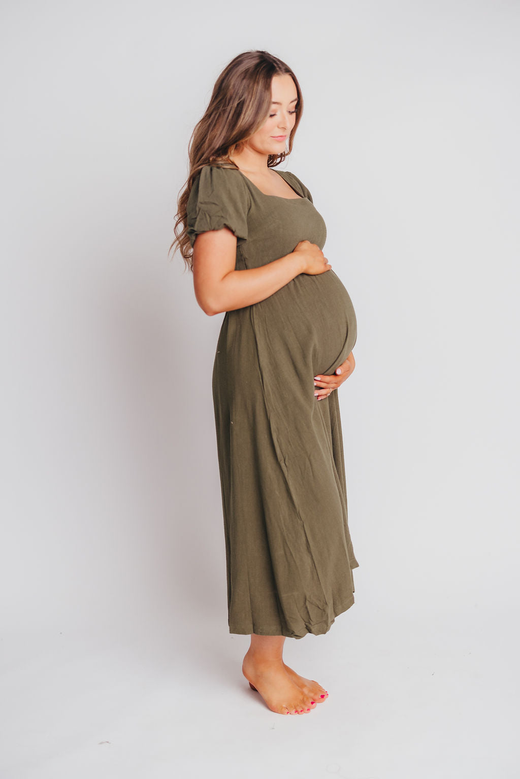 Ainsley Square Neck Midi Dress with Puffed Sleeves in Hunter Green - Bump Friendly (See Color Info)