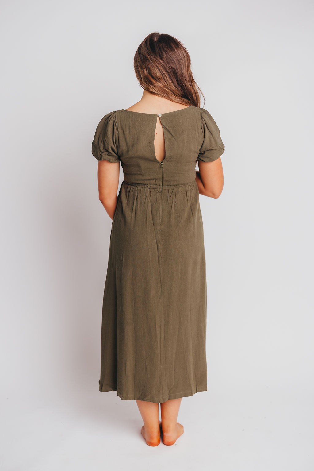 Ainsley Square Neck Midi Dress with Puffed Sleeves in Hunter Green - Bump Friendly (See Color Info)