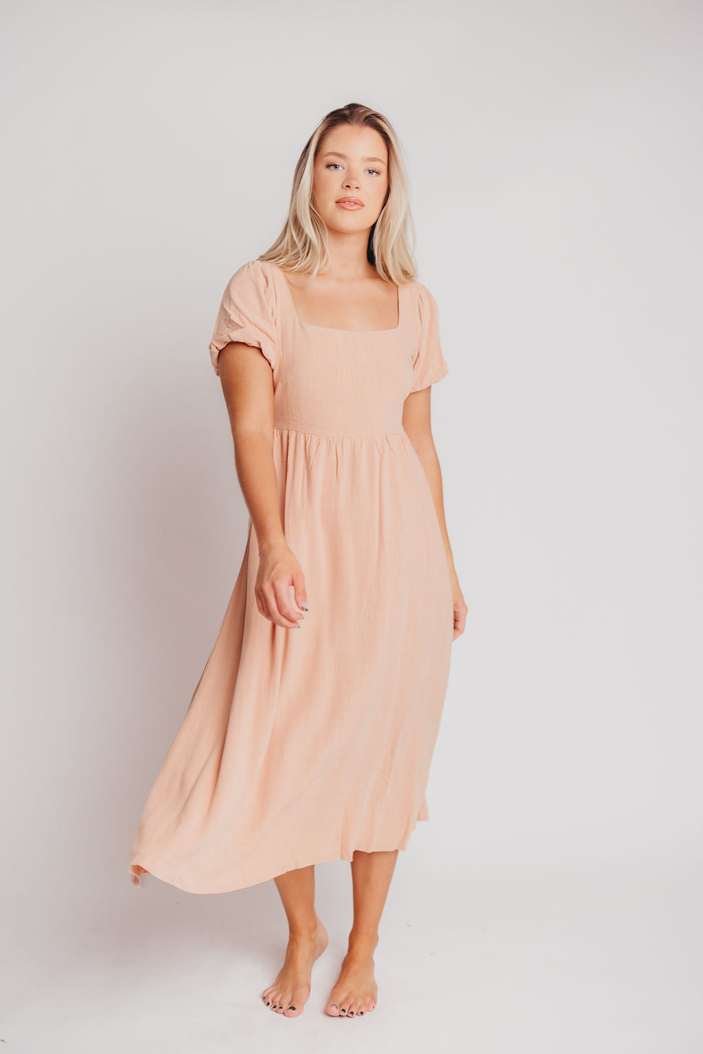 Ainsley Square Neck Midi Dress with Puffed Sleeves in Blush - Bump Friendly