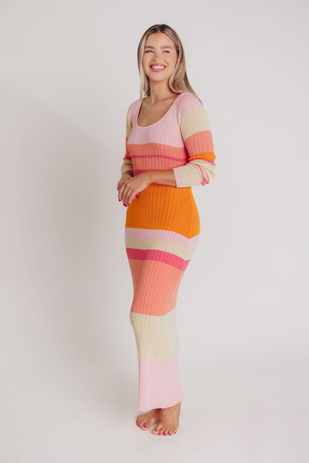 Mellow Ribbed Knit Maxi Dress with Long Sleeves in Pink/Orange Stripe