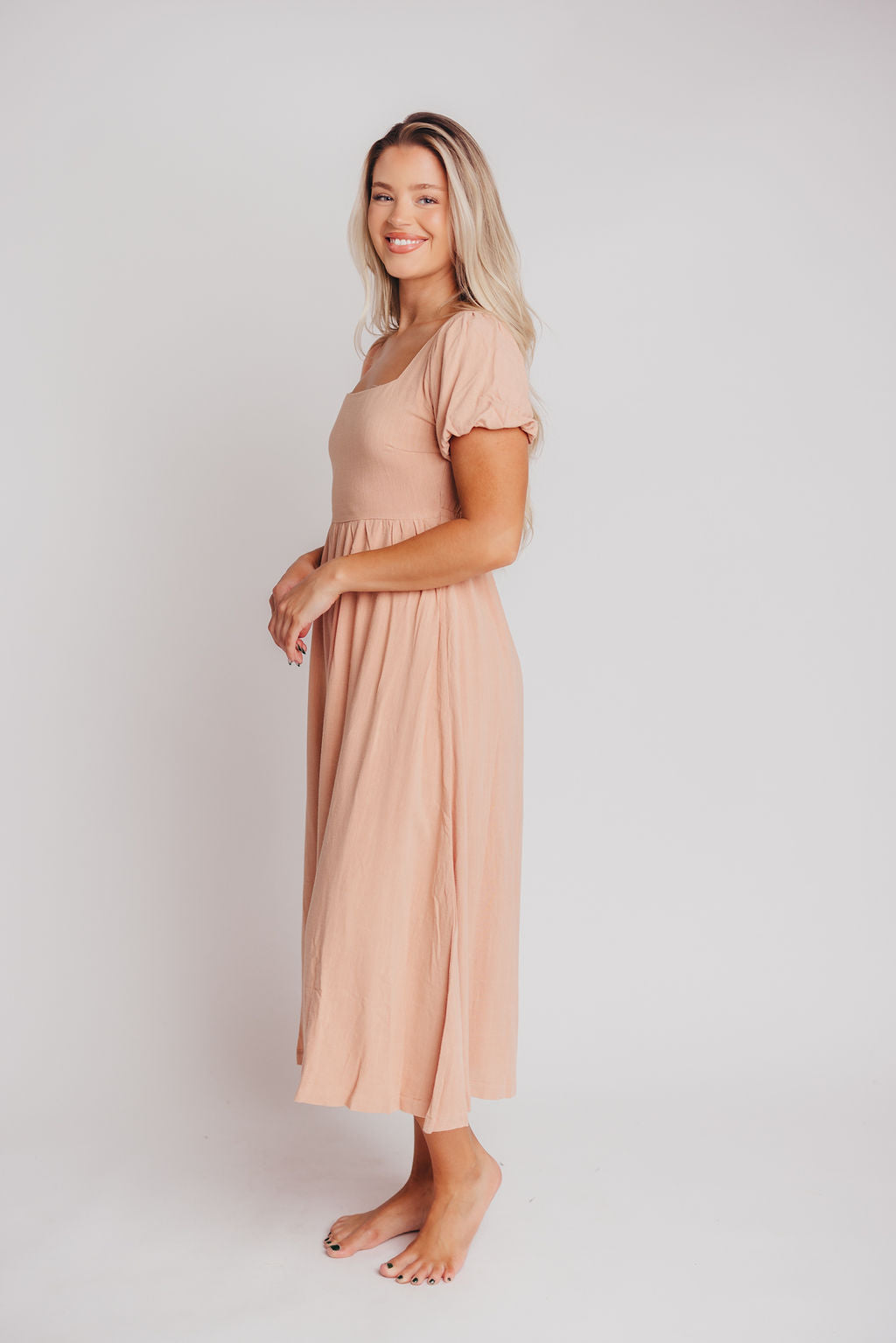 Ainsley Square Neck Midi Dress with Puffed Sleeves in Blush - Bump Friendly