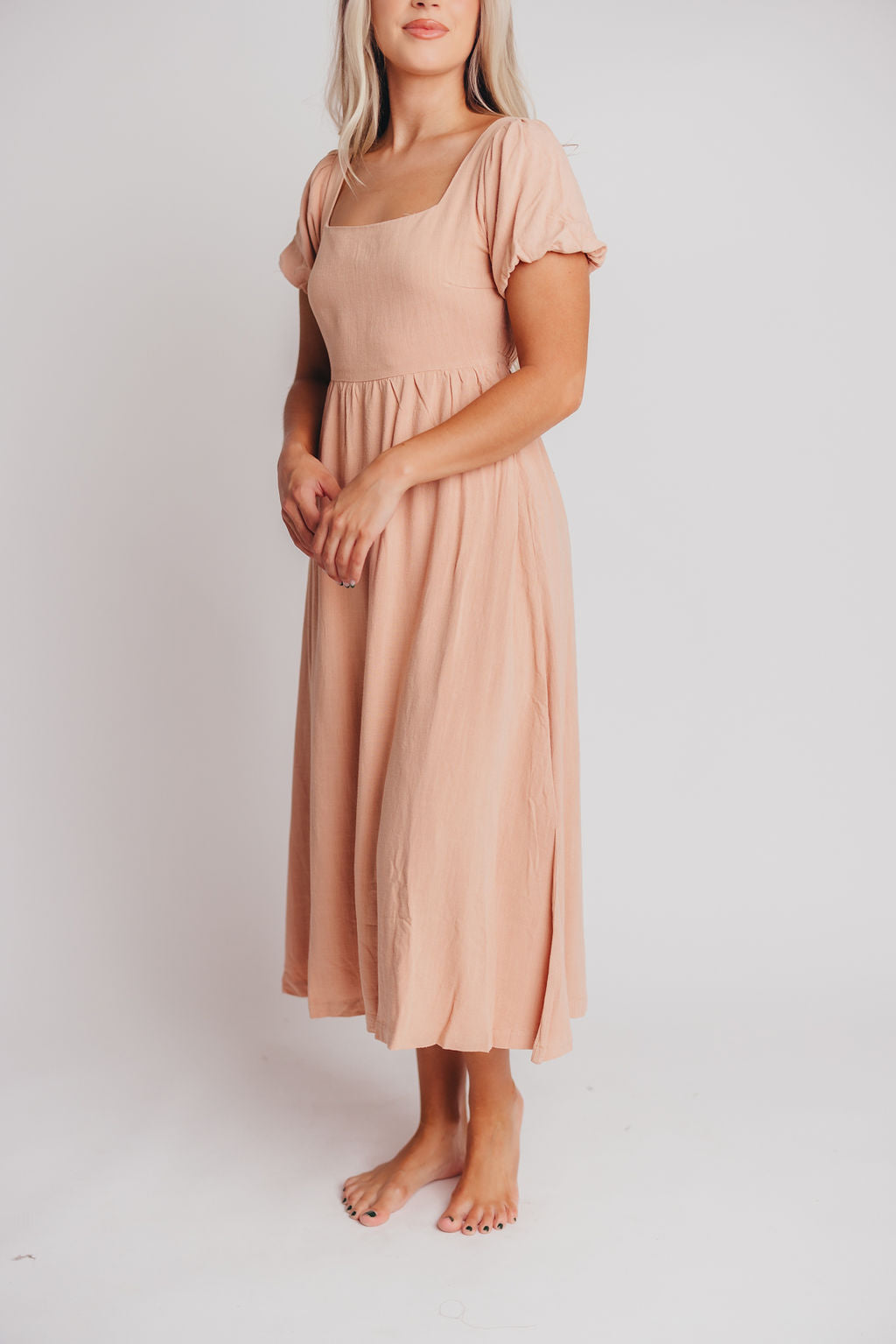 Ainsley Square Neck Midi Dress with Puffed Sleeves in Blush - Bump Friendly