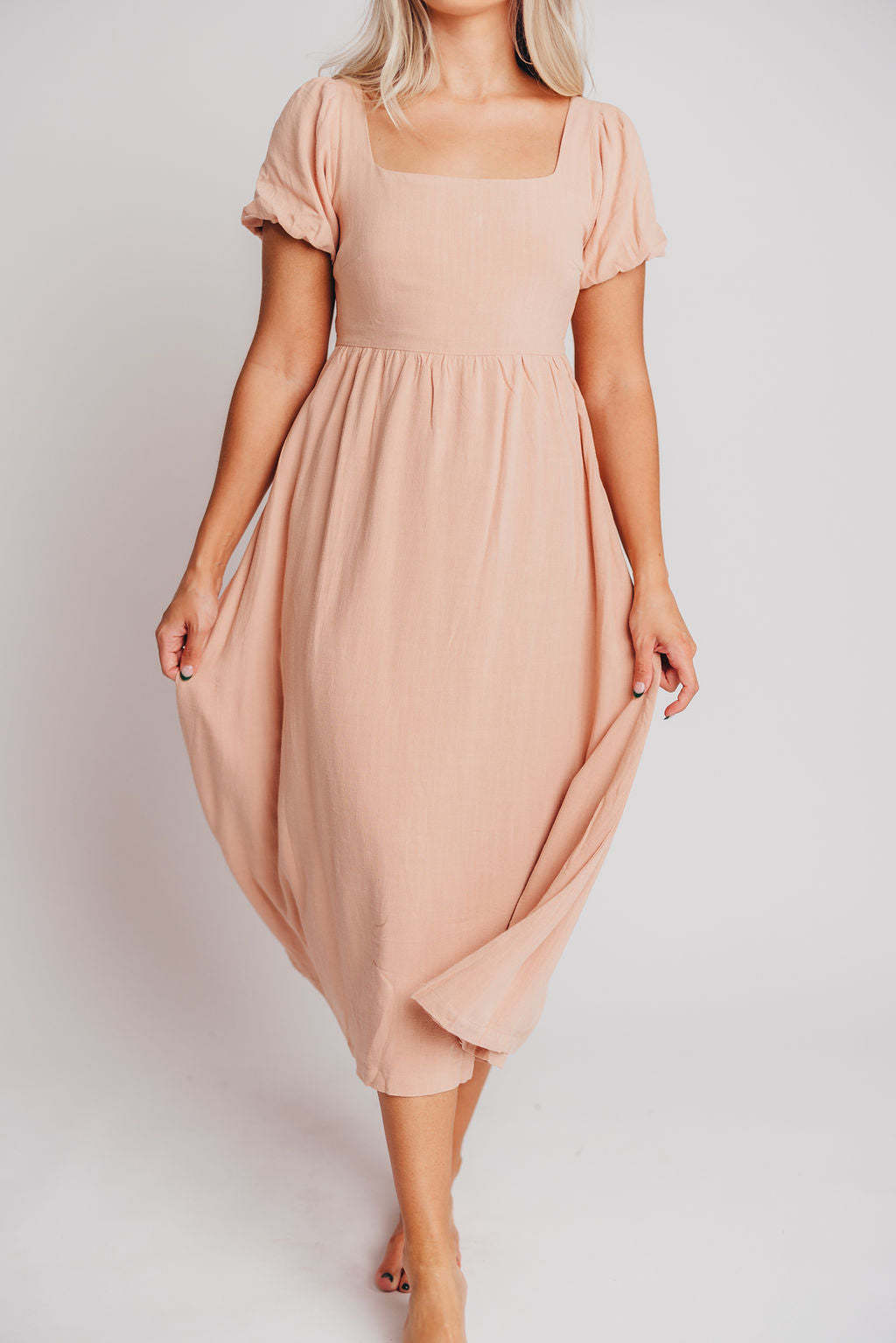 Ainsley Square Neck Midi Dress with Puffed Sleeves in Blush - Bump Friendly
