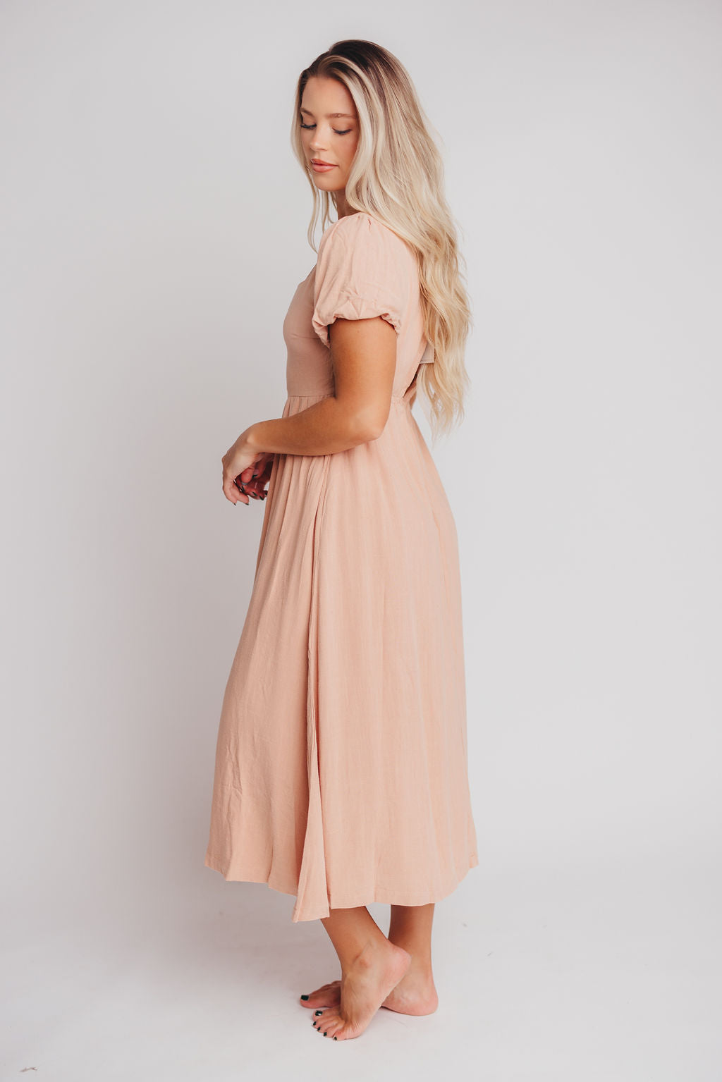 Ainsley Square Neck Midi Dress with Puffed Sleeves in Blush - Bump Friendly