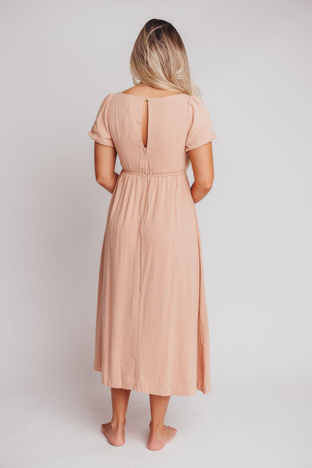 Ainsley Square Neck Midi Dress with Puffed Sleeves in Blush - Bump Friendly