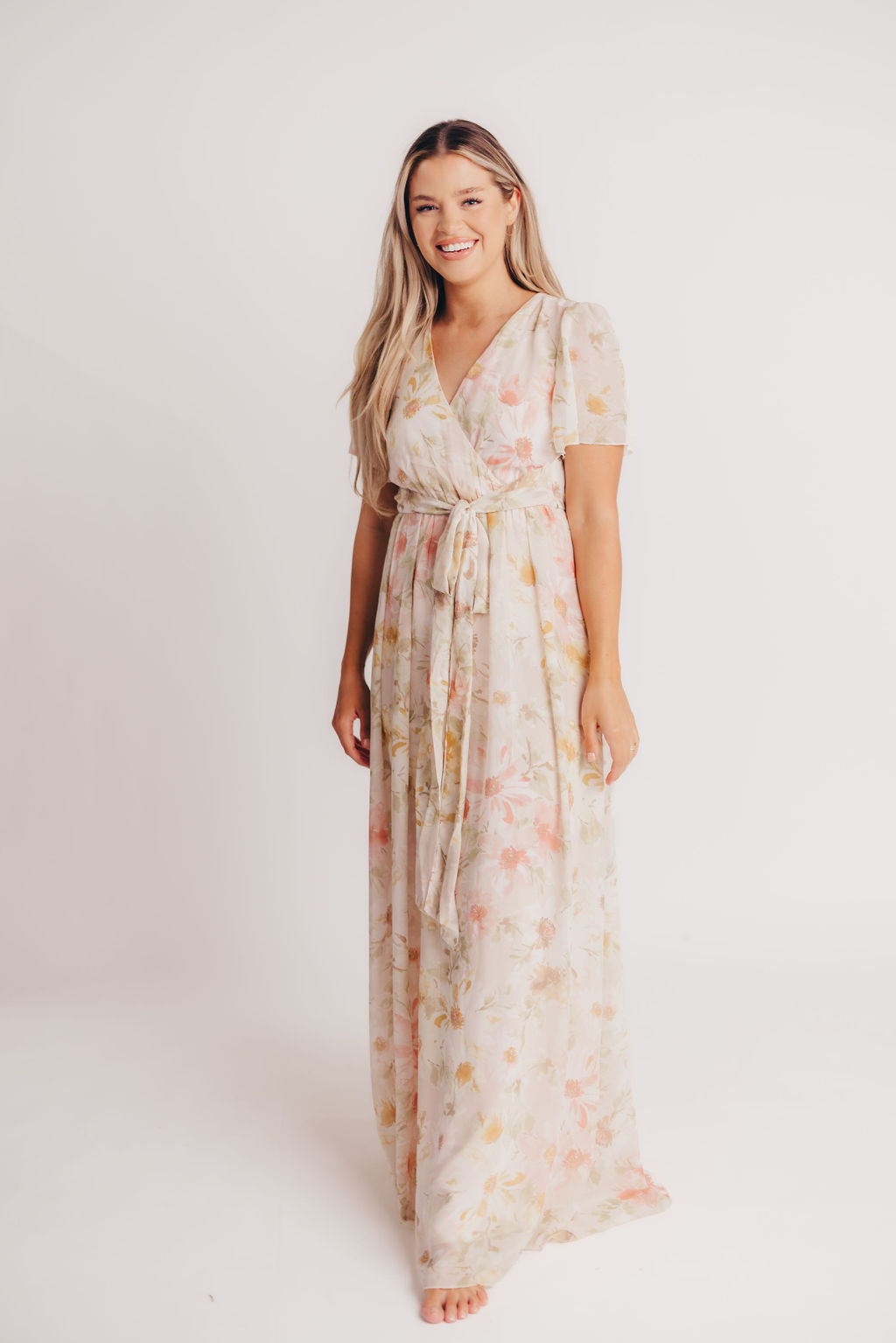 Ruth Short Sleeve Wrap Maxi in Blush/Coral - Bump and Nursing Friendly