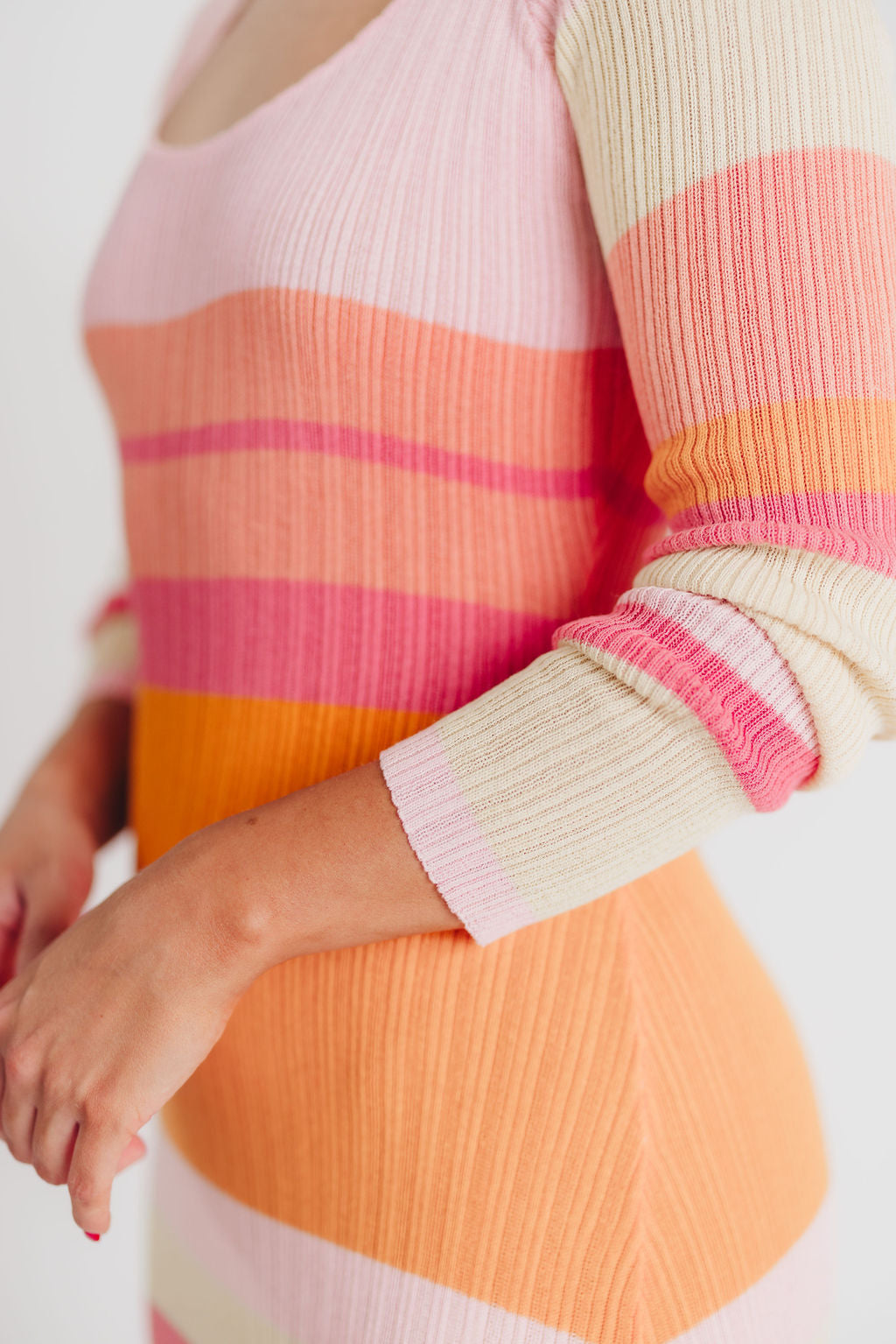 Mellow Ribbed Knit Maxi Dress with Long Sleeves in Pink/Orange Stripe