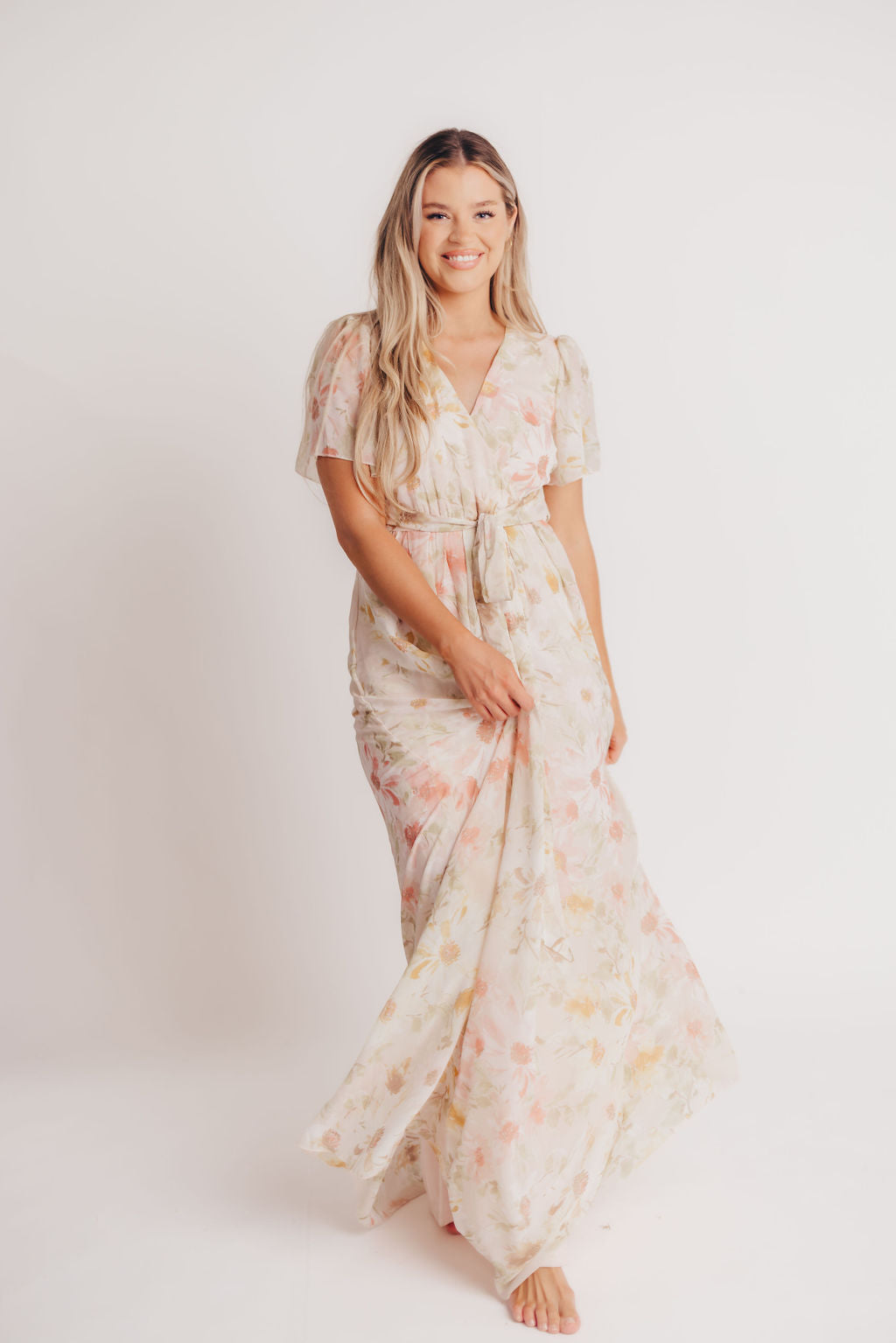 Ruth Short Sleeve Wrap Maxi in Blush/Coral - Bump and Nursing Friendly