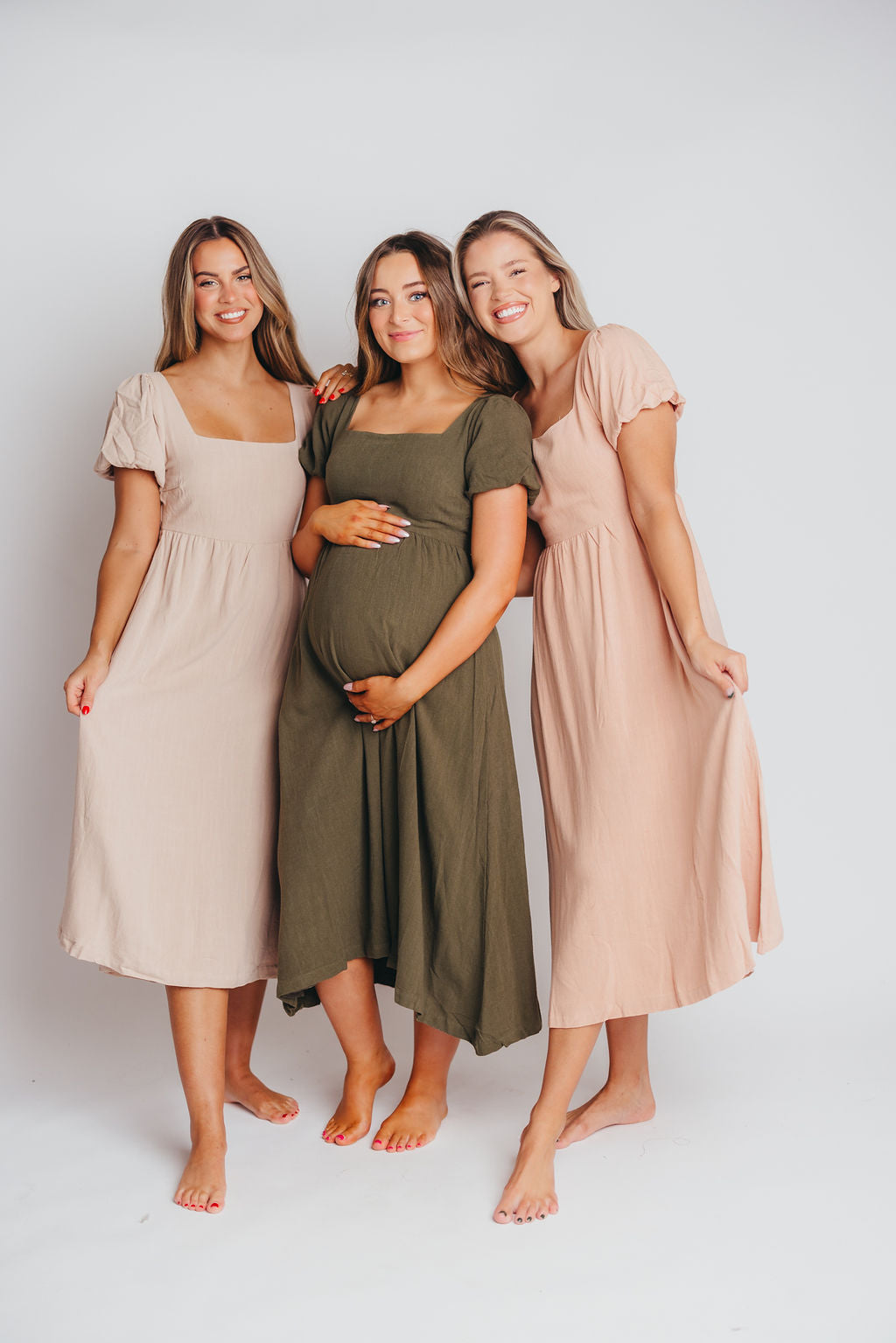 Ainsley Square Neck Midi Dress with Puffed Sleeves in Hunter Green - Bump Friendly (See Color Info)