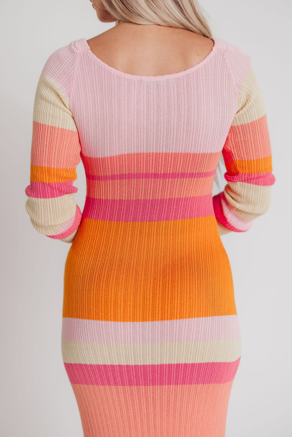 Mellow Ribbed Knit Maxi Dress with Long Sleeves in Pink/Orange Stripe