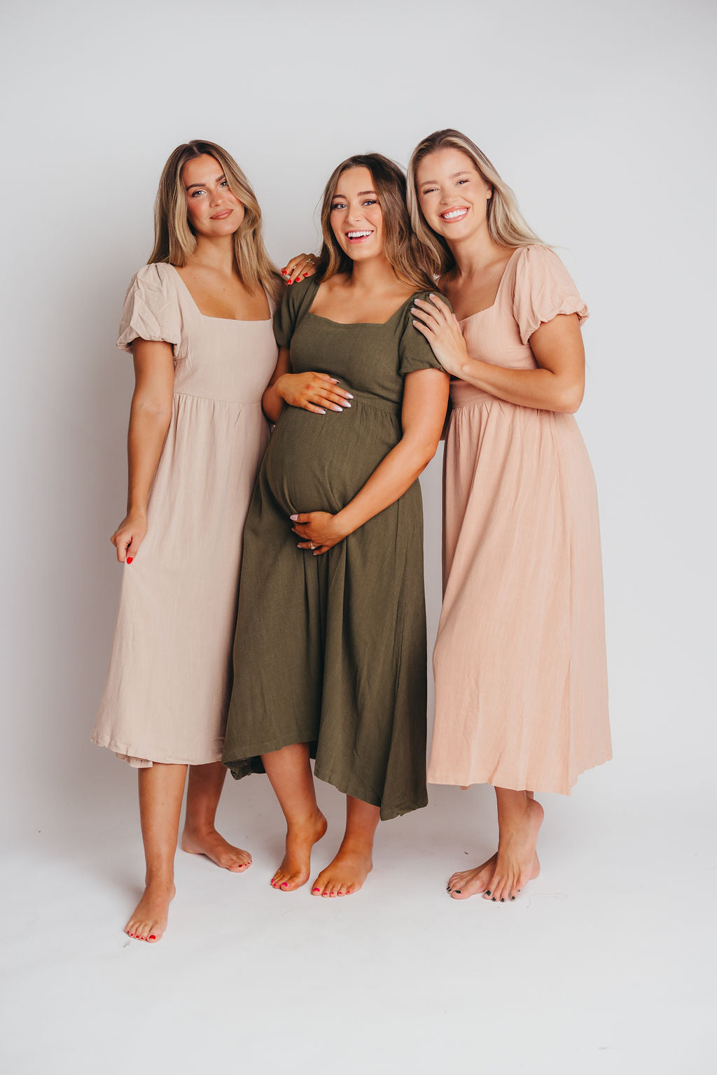 Ainsley Square Neck Midi Dress with Puffed Sleeves in Blush - Bump Friendly