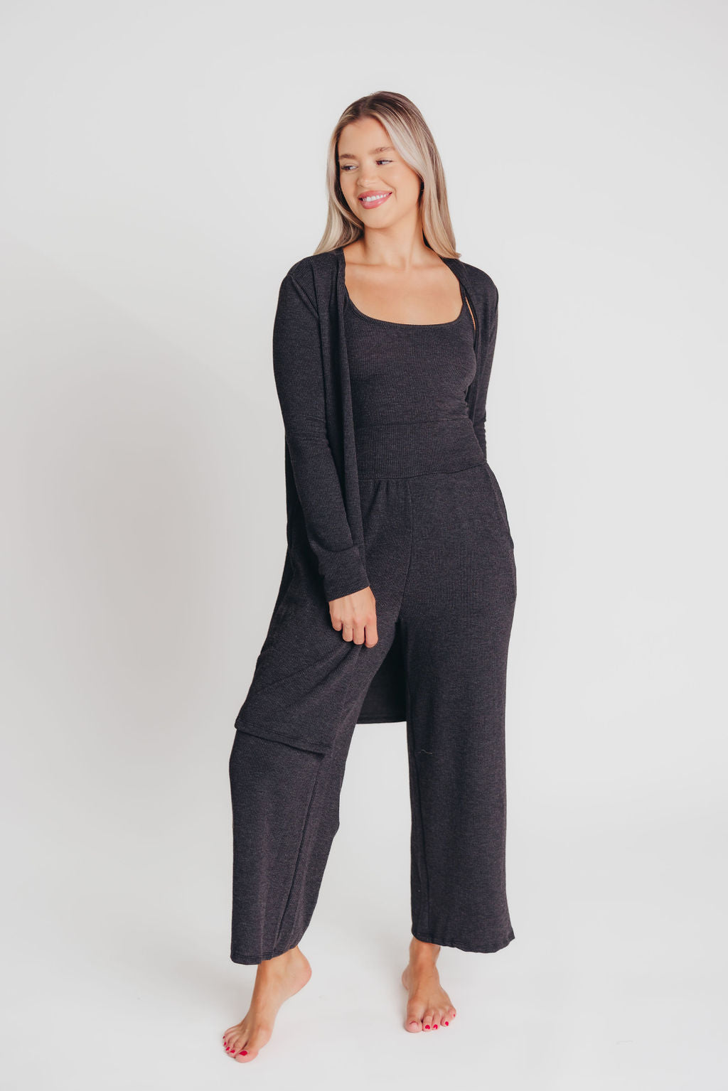 Betsy Ribbed Cardigan in Charcoal Black