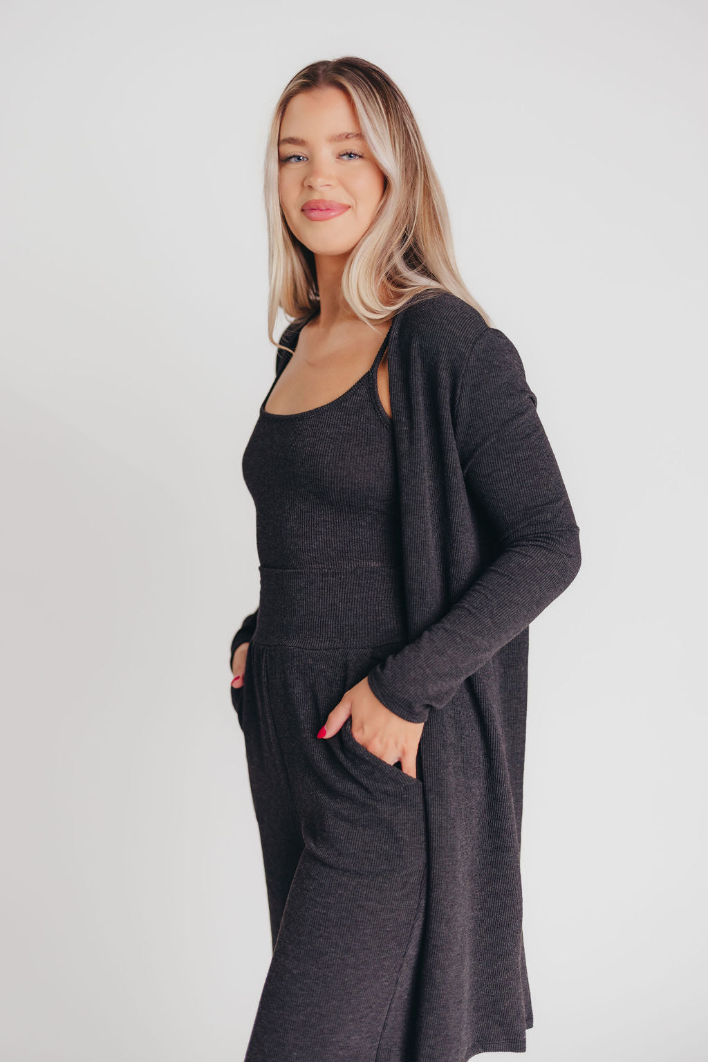 Betsy Ribbed Cardigan in Charcoal Black