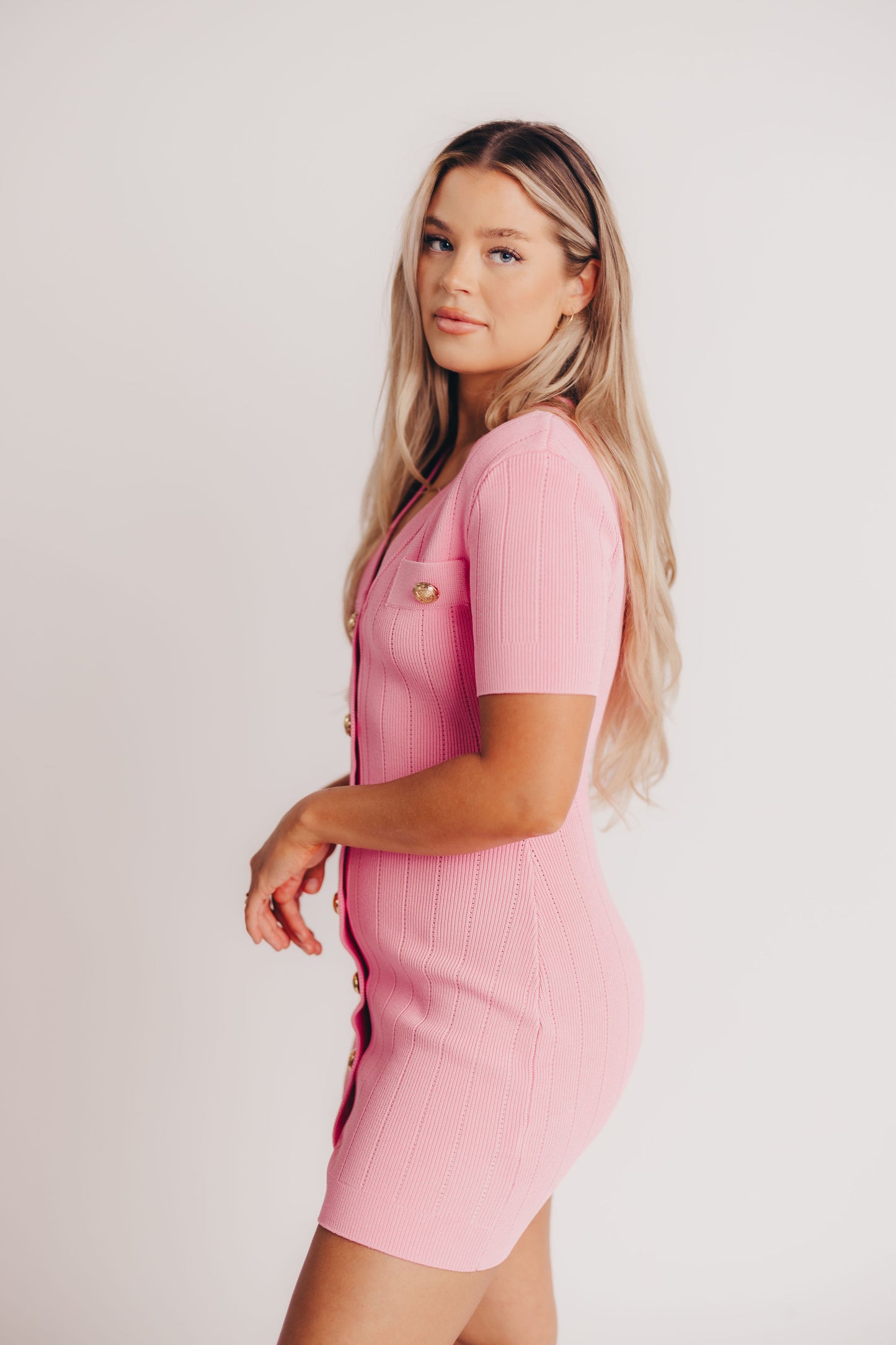 Elle Gold Button Front V-Neck Dress in Pink (Sale Dress of the Week $40 off!)