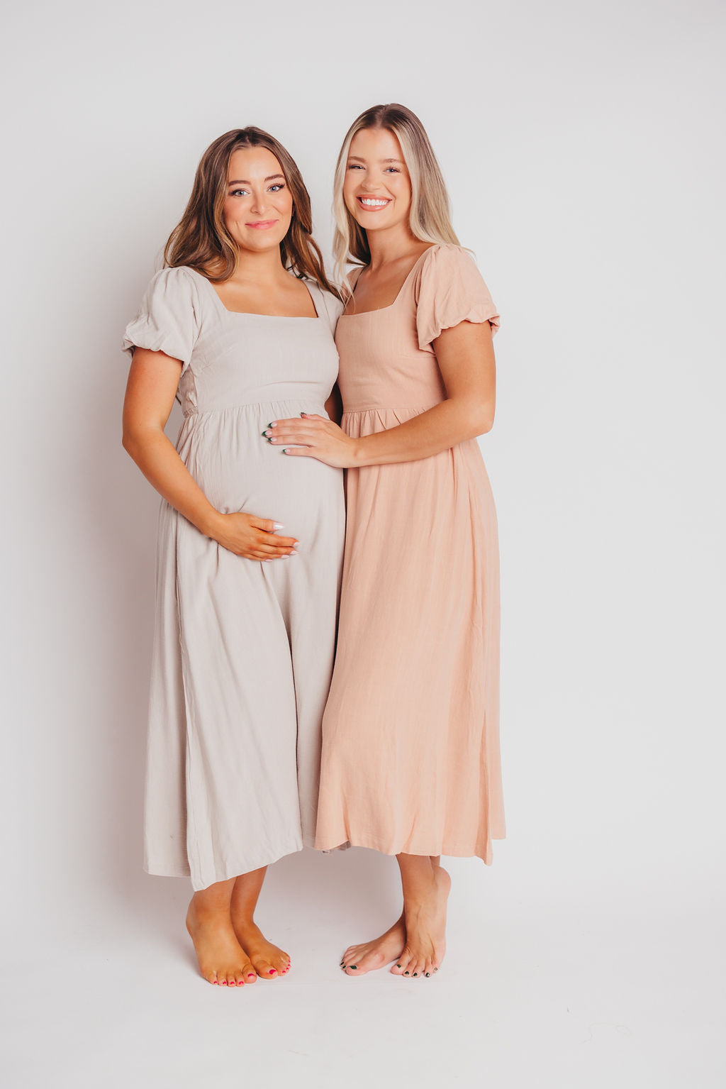 Ainsley Square Neck Midi Dress with Puffed Sleeves in Oat - Bump Friendly