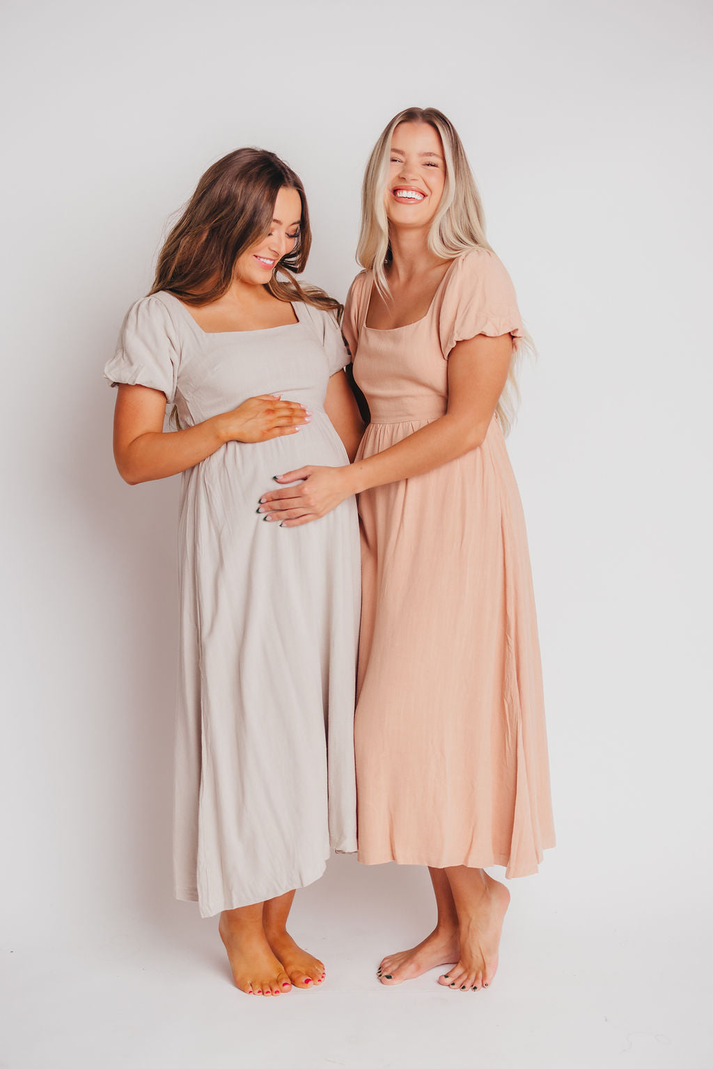 Ainsley Square Neck Midi Dress with Puffed Sleeves in Oat - Bump Friendly