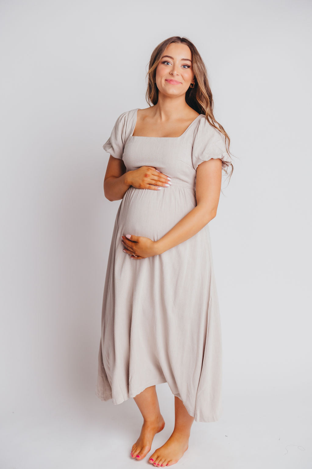 Ainsley Square Neck Midi Dress with Puffed Sleeves in Oat - Bump Friendly