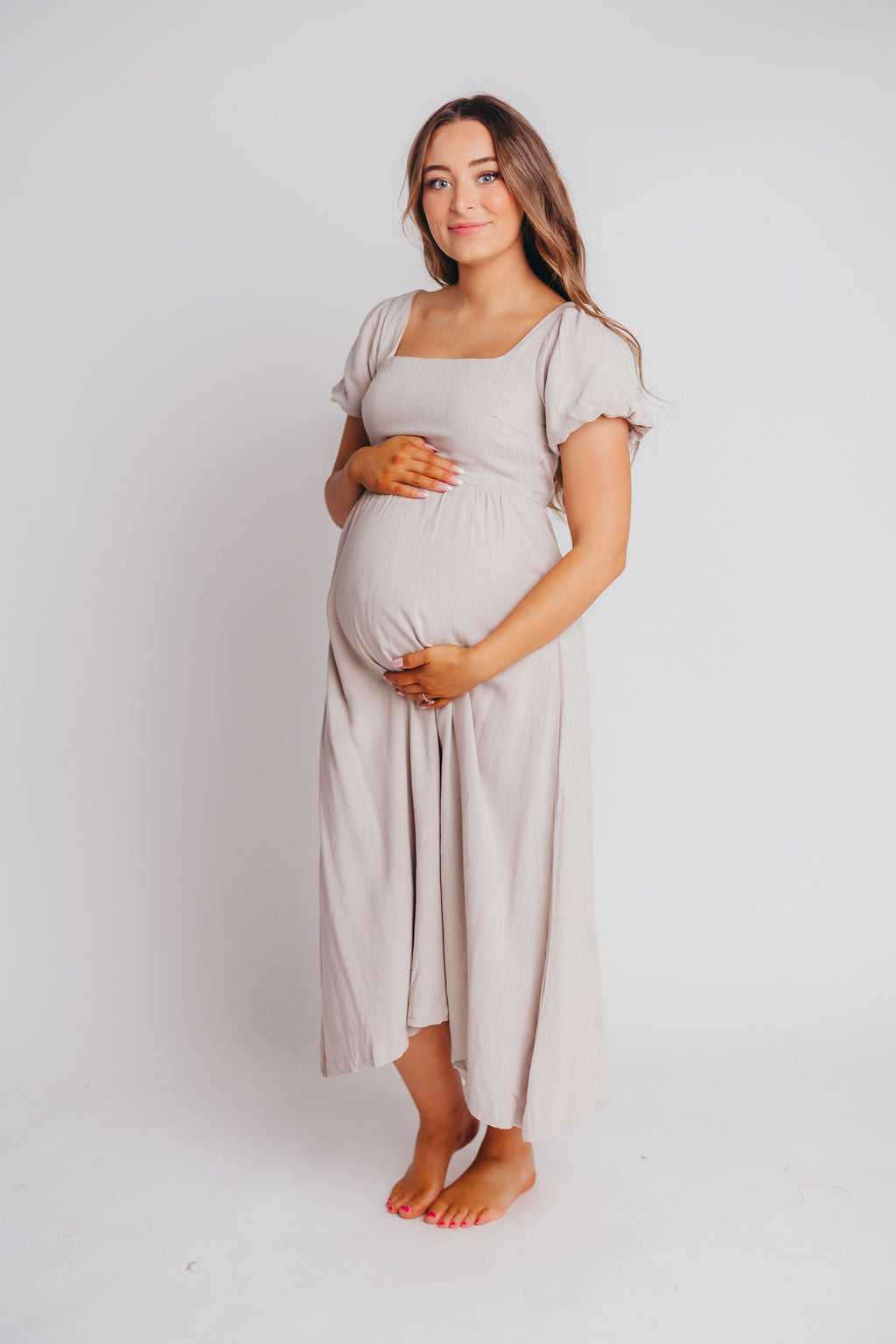 Ainsley Square Neck Midi Dress with Puffed Sleeves in Oat - Bump Friendly