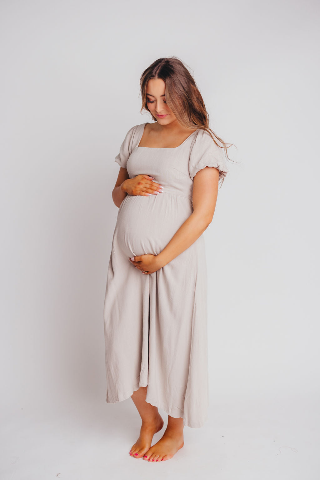 Ainsley Square Neck Midi Dress with Puffed Sleeves in Oat - Bump Friendly