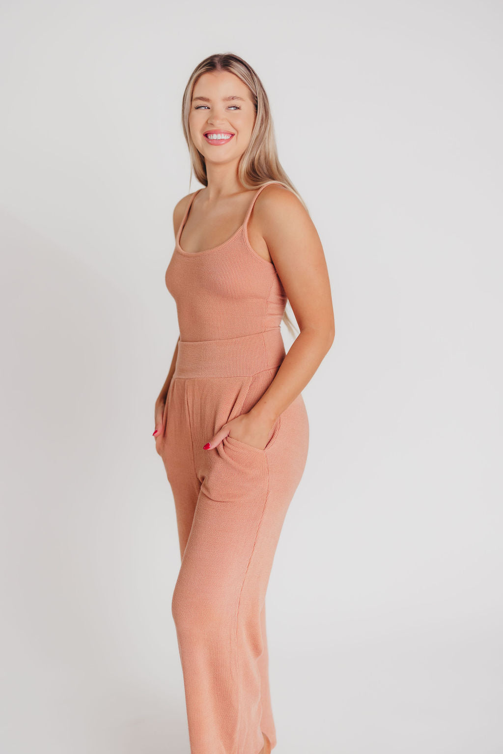 Birdie Ribbed Tank and Wide Leg Pant Set in Blush